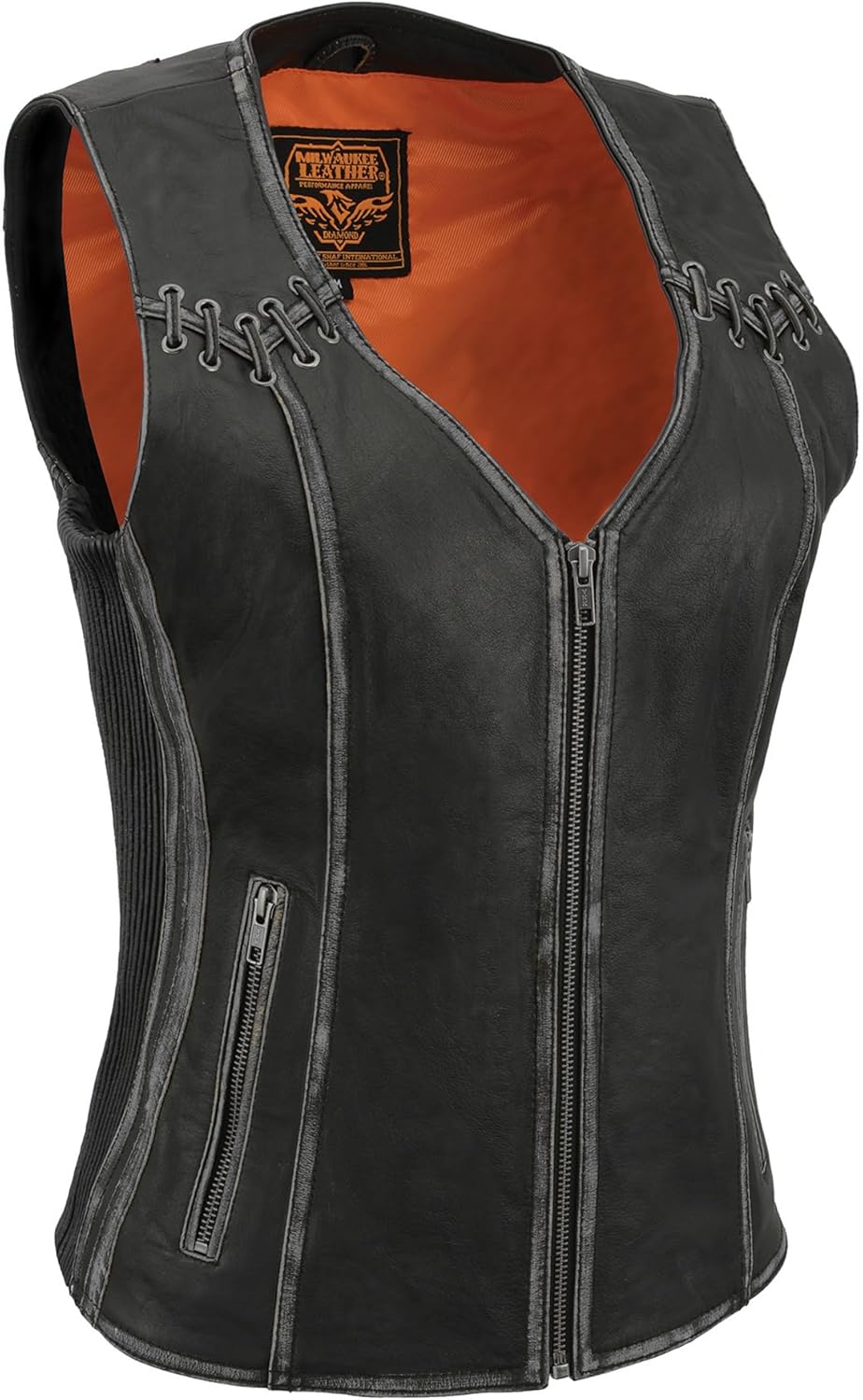 Milwaukee Leather Women's Distressed Grey or Brown Zip Front Leather Vest w/Lacing Detail MLL4526 MLL4527