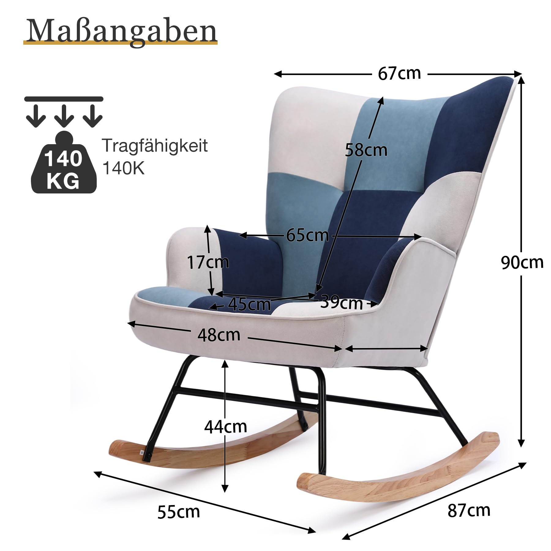 Schaukelstuhl Sessel Patchwork mit Metallgestell und Holzsockel Skandinavischer Schaukelsessel Retro Sessel Wohnzimmer Relaxstuhl Polstersessel für Schlafzimmer Hotel Blau