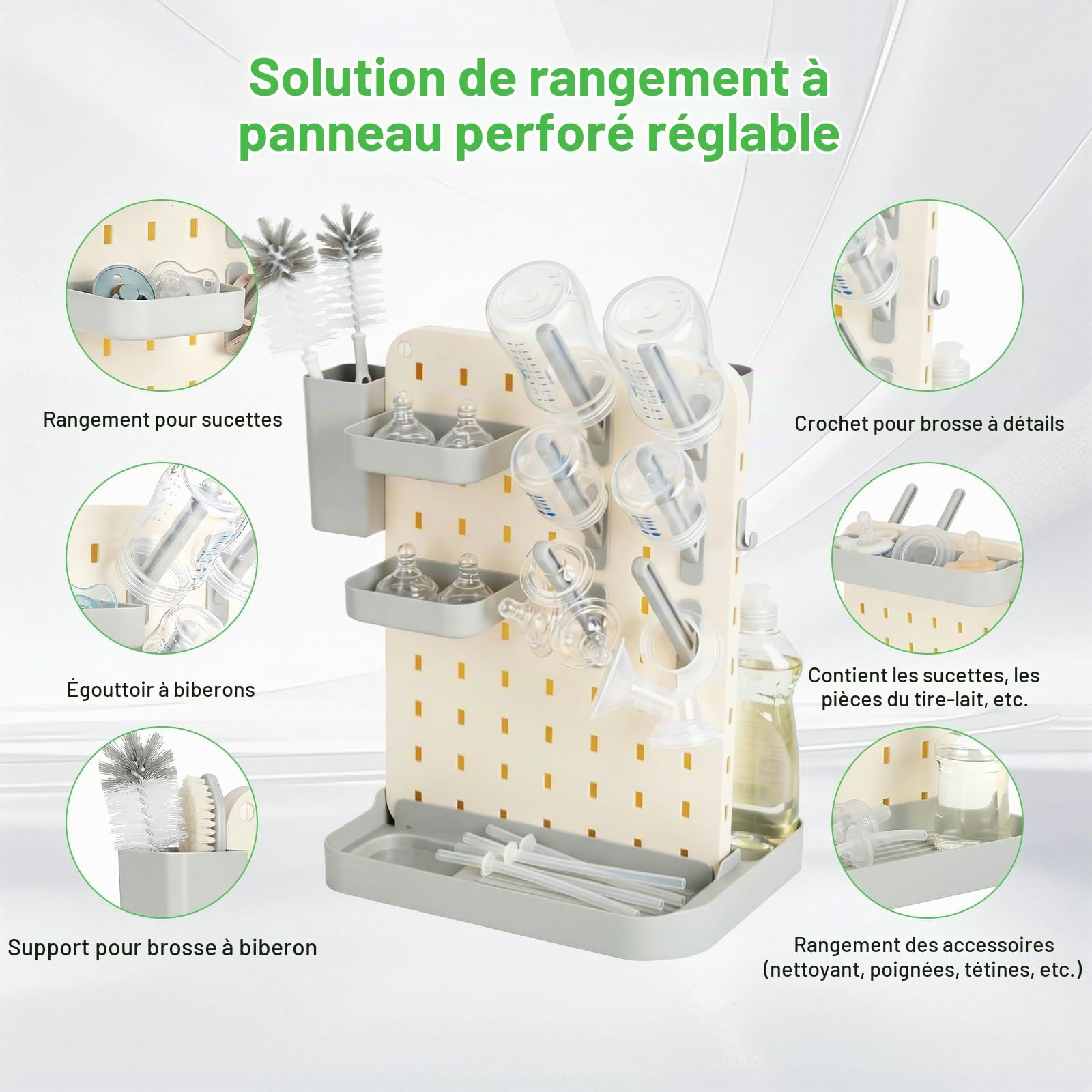 AiQInu Sèche-biberons avec Compartiment à Savon, Égouttoir Vertical pour biberons et tétines, Organisateur pour Accessoires et brosses, sans BPA, Gris