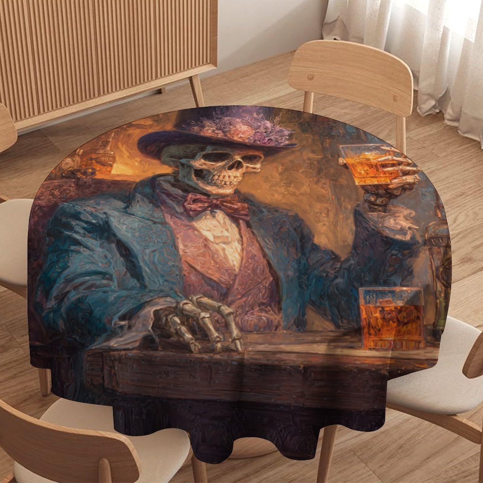 LUYYSKY Vintage Abstract Gothic Skeleton Round Tablecloth Modern Funny Halloween Skull Skeleton Bar Print Washable Decor for Table Cover for Kitchen-127 Wx127 L cm
