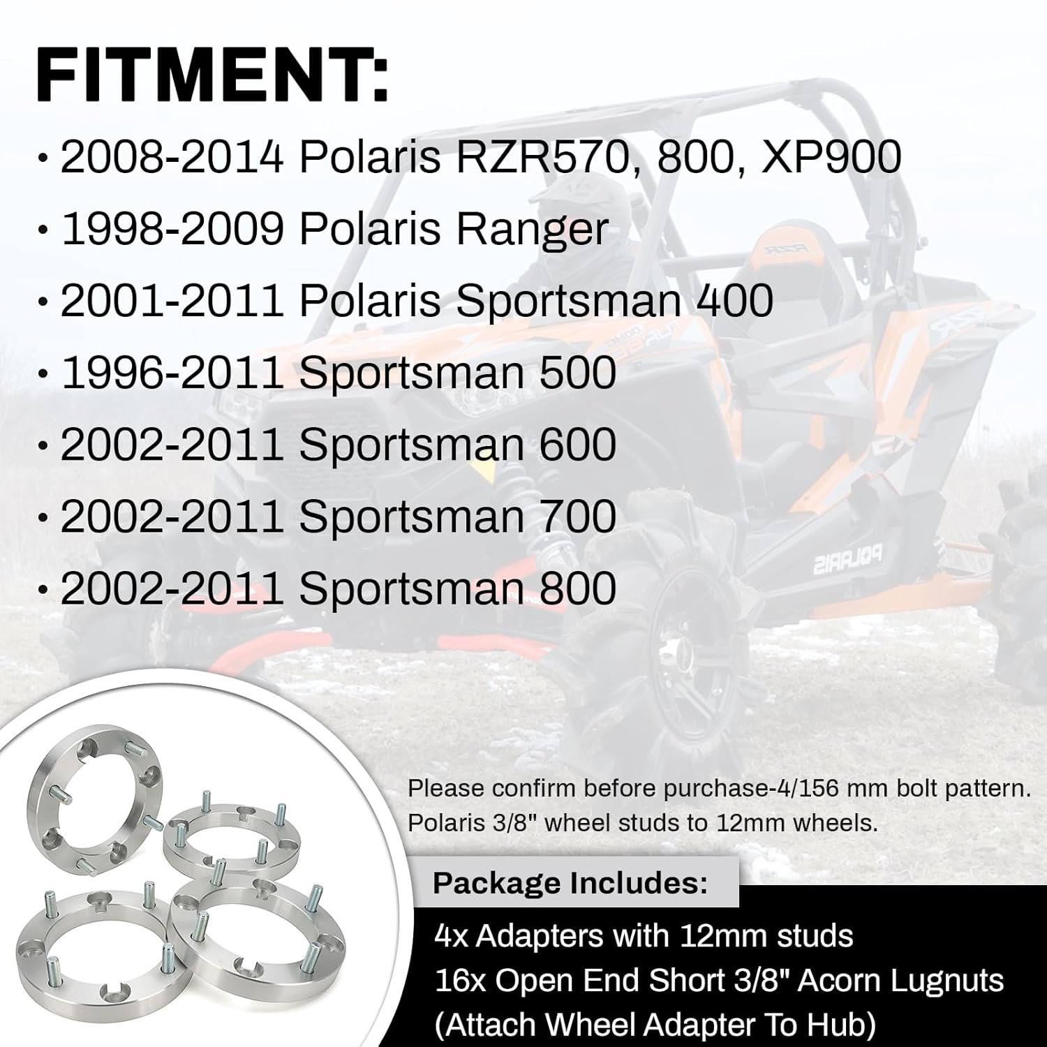 Heavy Duty 1" Wheel Washers for 4/156mm Bolt Pattern Polaris 3/8" Studs to 12mm Wheels Compatible with 2008-2014 RZR Ranger 500/800/XP900 2001-2011 Polaris Sportsman 400 (Set of 4)