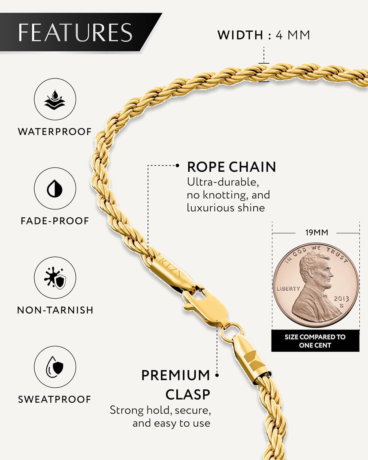 RTZN® Gold Rope Chain for Men – 3mm, 4mm Mens Rope Chain – Premium Stainless Steel Necklace for Men & Boys – Non-Tarnish & Waterproof Black, Silver, Gold Mens Chain Necklaces – 18/20/22/24/26" Inches
