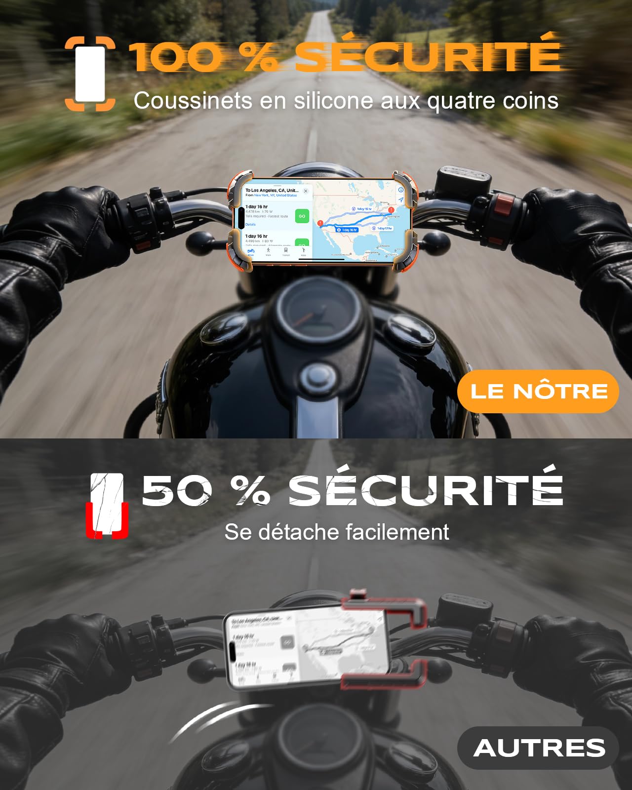 Babacom Support Telephone Moto Anti-Vibration, [1s Verrouillage Sécurisé & Antichoc] Support Telephone Velo Guidon, Accroche Solide & 360° Rotation, Installation Rapide, pour 4,7-6,8" Smartphone