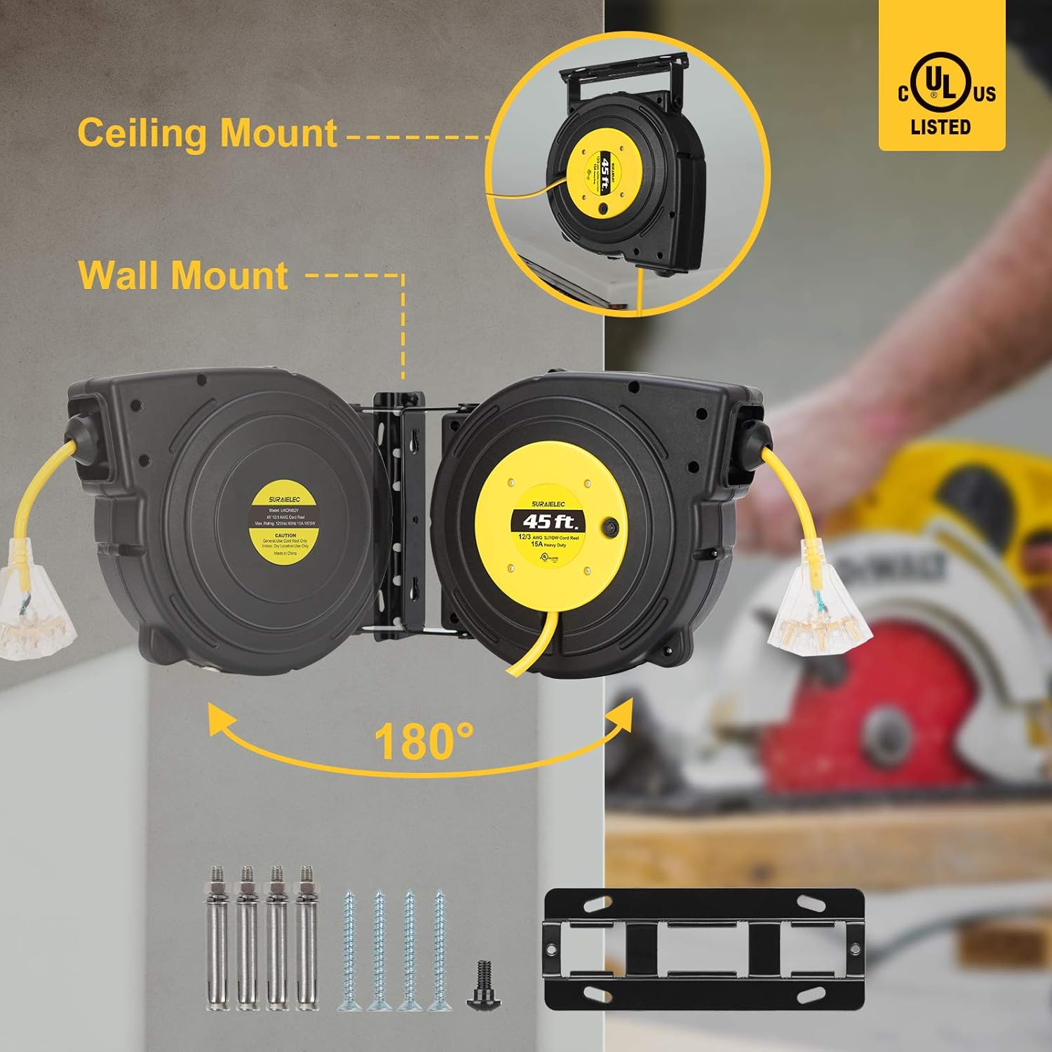 Blасk Frіdау 🔥 Suraielec 12 Gauge Extension Cord Reel, 45 FT Retractable Extension Cord, 12 AWG/3C SJTOW Heavy Duty Power Cord, 15 AMP Circuit Breaker, Lighted Triple Tap, Ceiling or Wall Mount, UL Listed