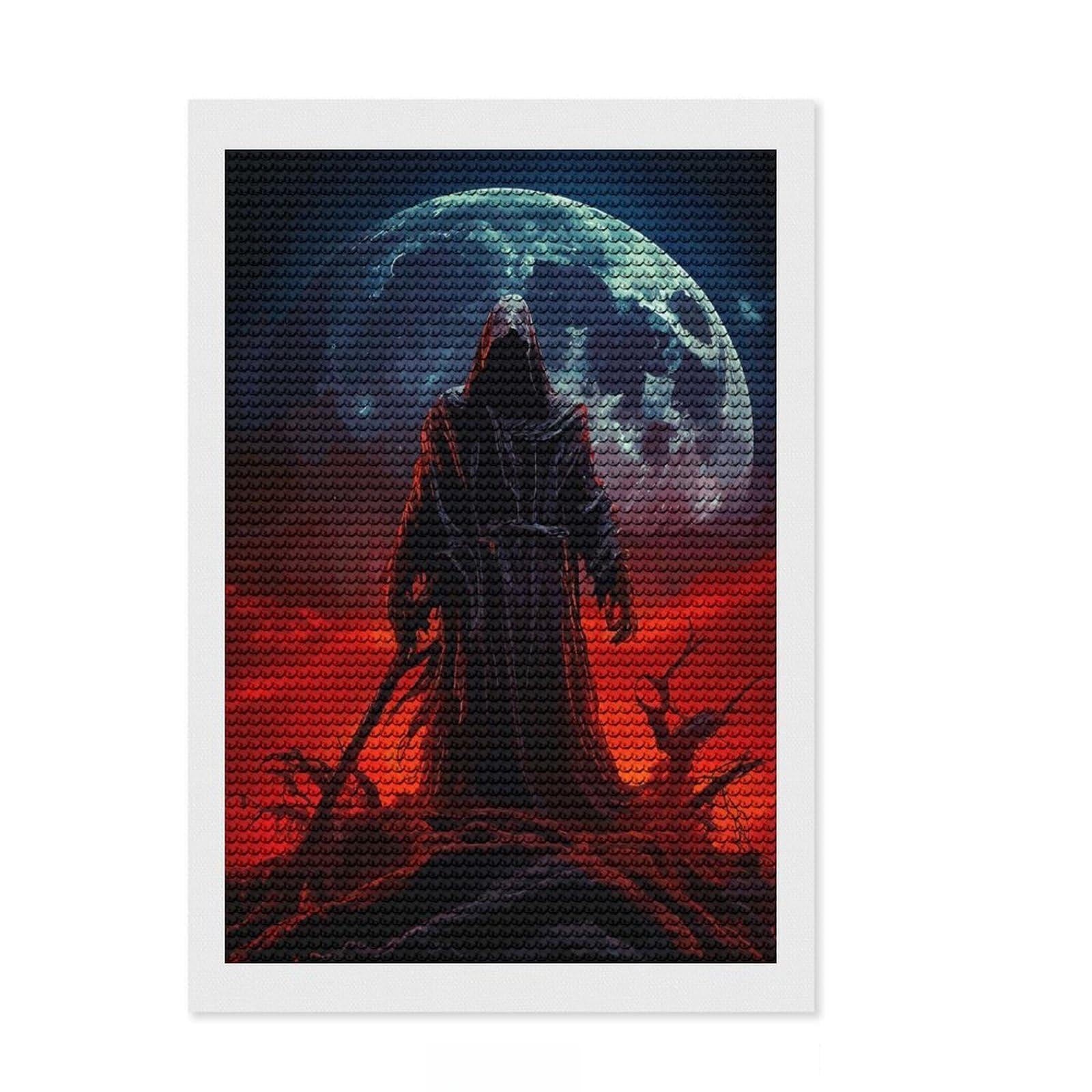 Junmoney Grim Reaper Under Blood Moon Diamond Art Kit 8"x12", Finish and Display, with Tool Kit, Living Room Decor, Birthday Gift, Neat Printed Canvas