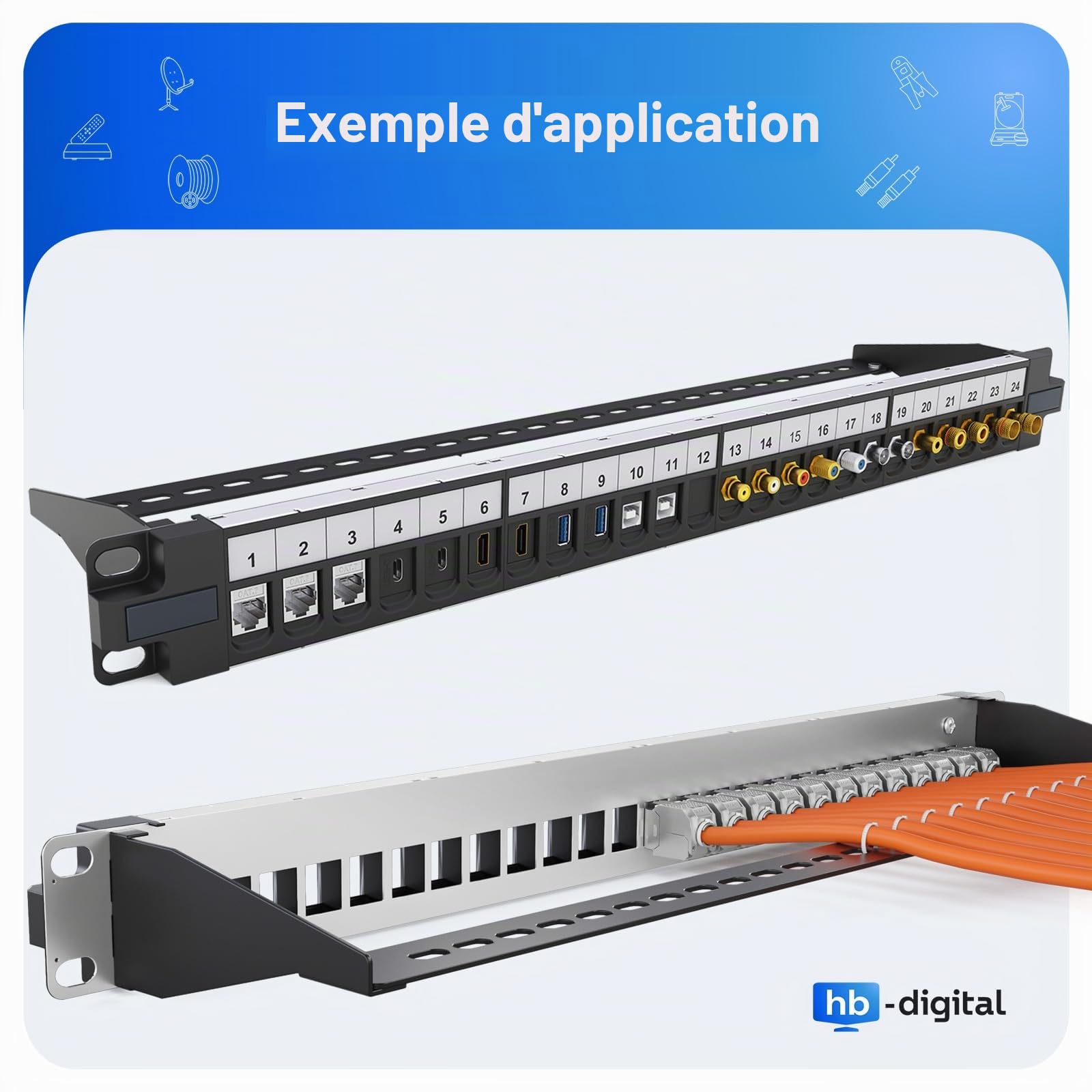 hb-digital Panneau de raccordement modulaire 24 ports pour module Keystone RJ45 19" CAT 5 CAT 6 CAT 7 pour armoire réseau LAN Professional TIA568A TIA568B Switch câble de terre - Noir