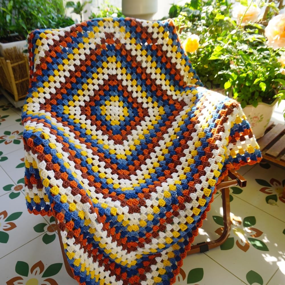 Handmade Crochet Granny Square Throw Blanket 43x43 Multicolor Boho Quilt - Soft Acrylic Accent for Sofa Bed Couch Travel