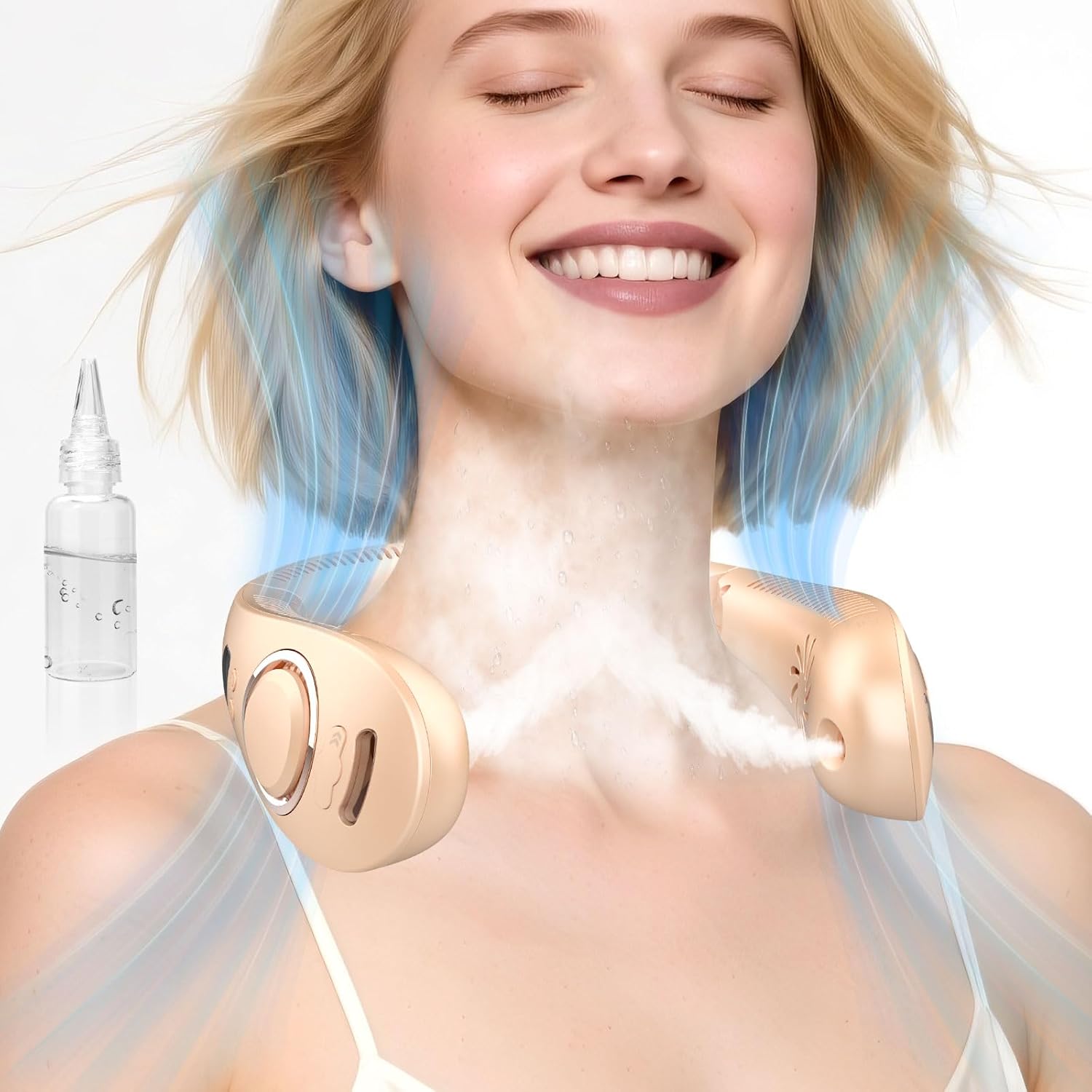 Neck Fan with Mist,Portable Neck Fans that Blow Cold Air,Foldable Water Cooler Fan Sprayer with Bottle,Leafless Battery Powered Neck Fan Rechargeable,Best Necklace Fan for Hot Flashes Summer Apricot