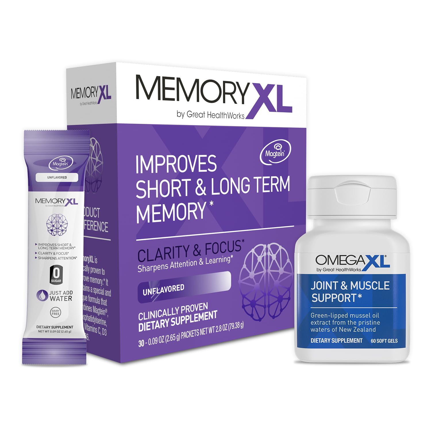 OmegaXL Joint Support Supplement, for Relief - Natural Muscle Support, Green Lipped Mussel Oil, 60 Count & MemoryXL, Magnesium L-Threonate: Brain Supplement for Memory & Focus Unflavored 30 Pack