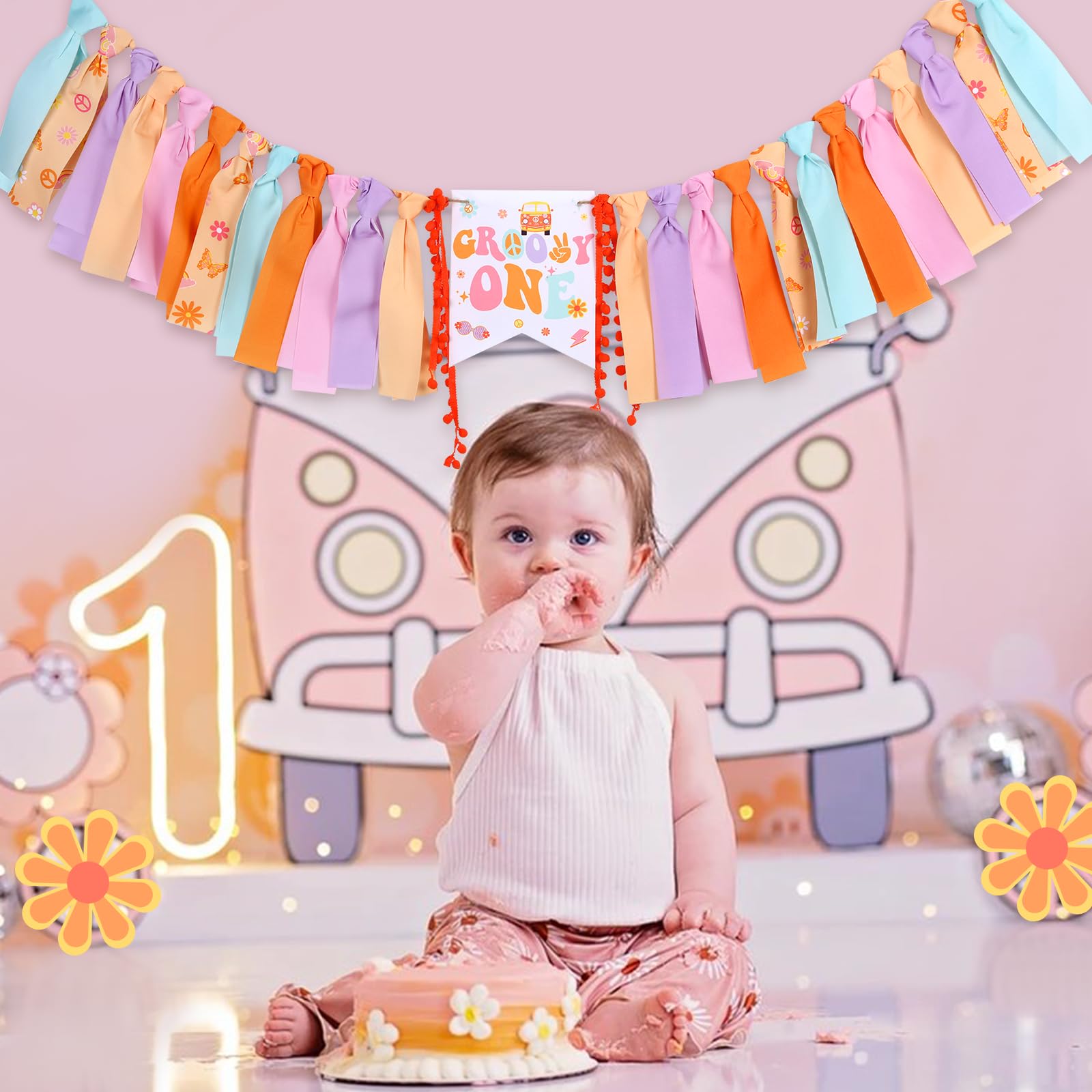 UOREND Groovy Daisy High Chair Banner – Hippie Boho First Birthday Decor | Tear-Resistant Vinyl Banner For Girls' Party - View #5