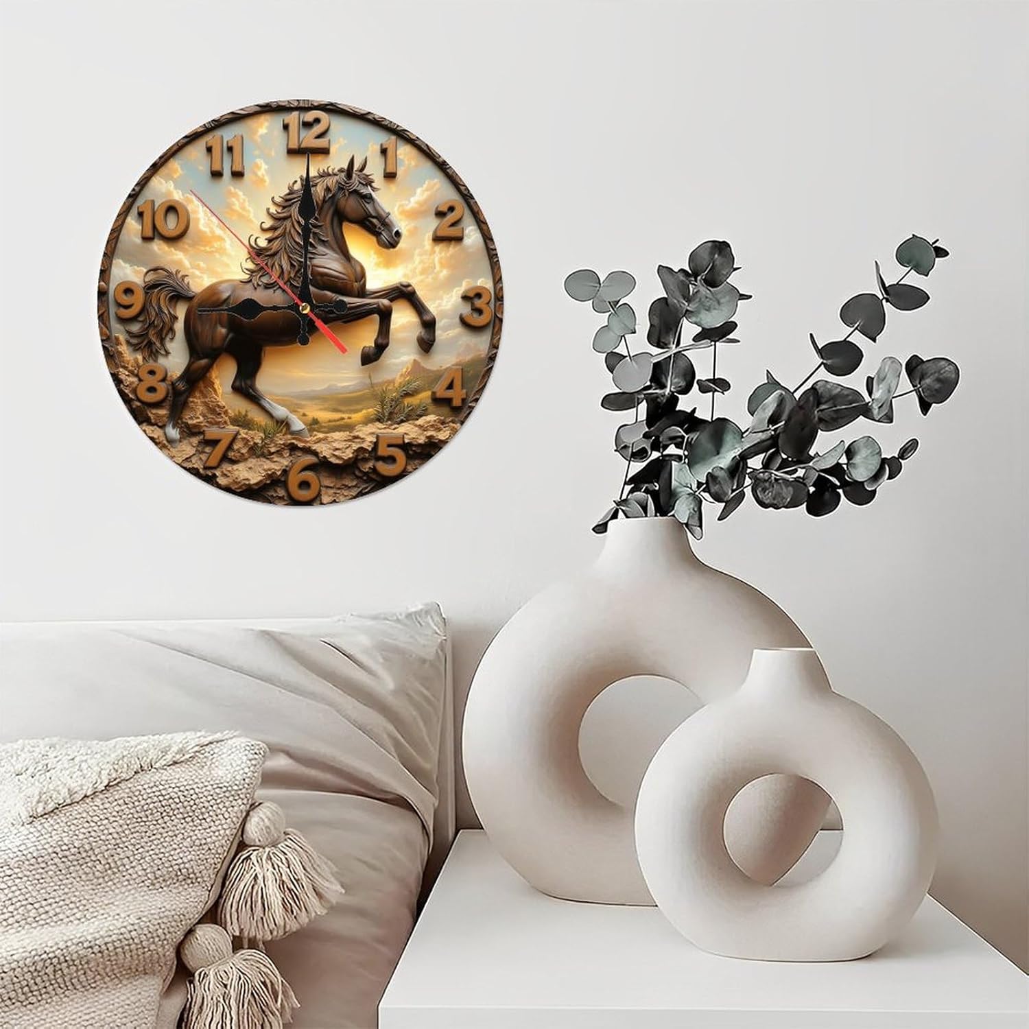 Bronze Horse Wall Clock Classic Home Decor10-Inch Wooden Wall Clock, Silent Movement, Perfect for Living Room Bedroom Bathroom Home Decor