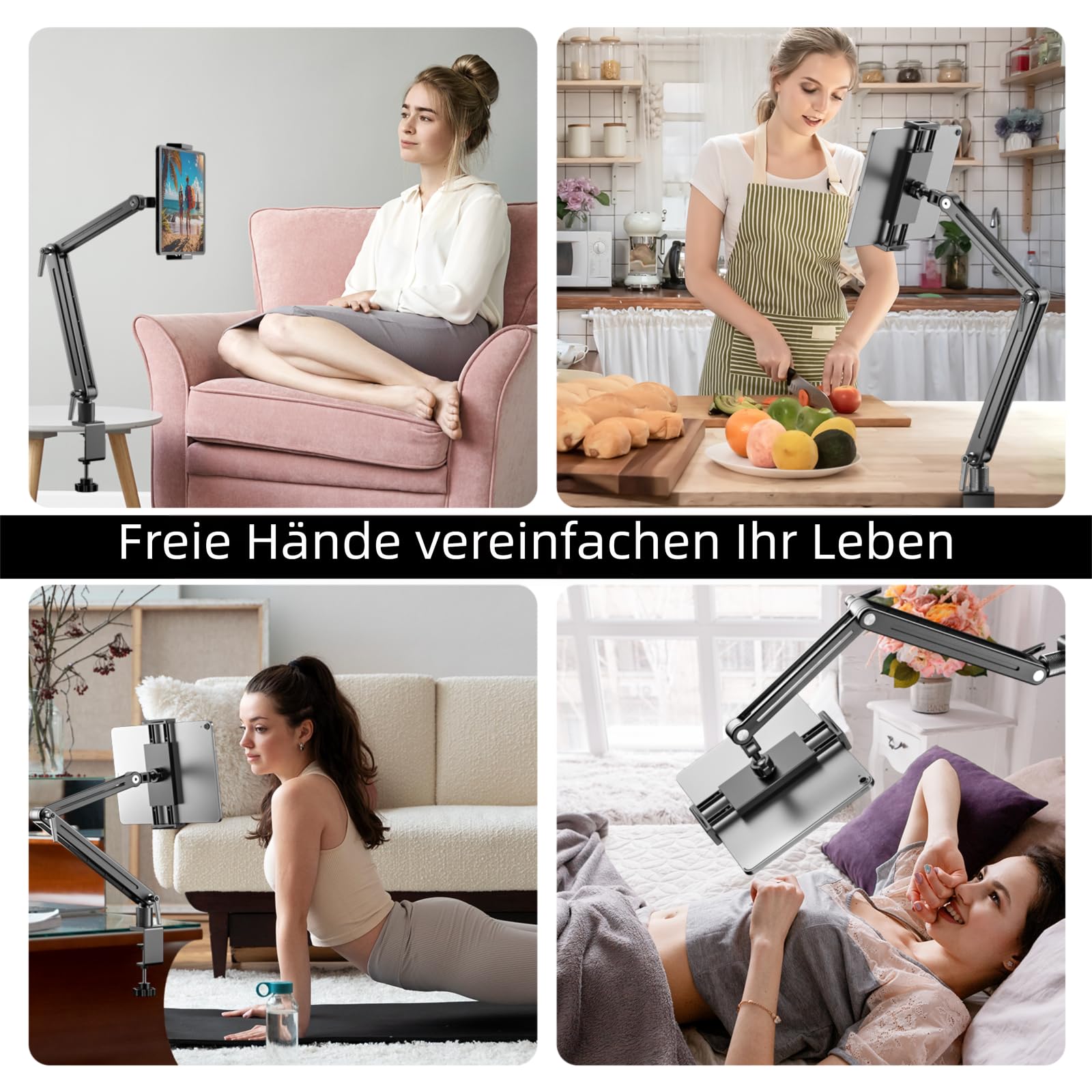 Aluminium Tablet Halterung mit Schwenkarm - 360° Drehbare Metallbasis, Flexibler Arm, Kompatibel mit iPad Air/Pro/Mini, Samsung Galaxy (15.6in)
