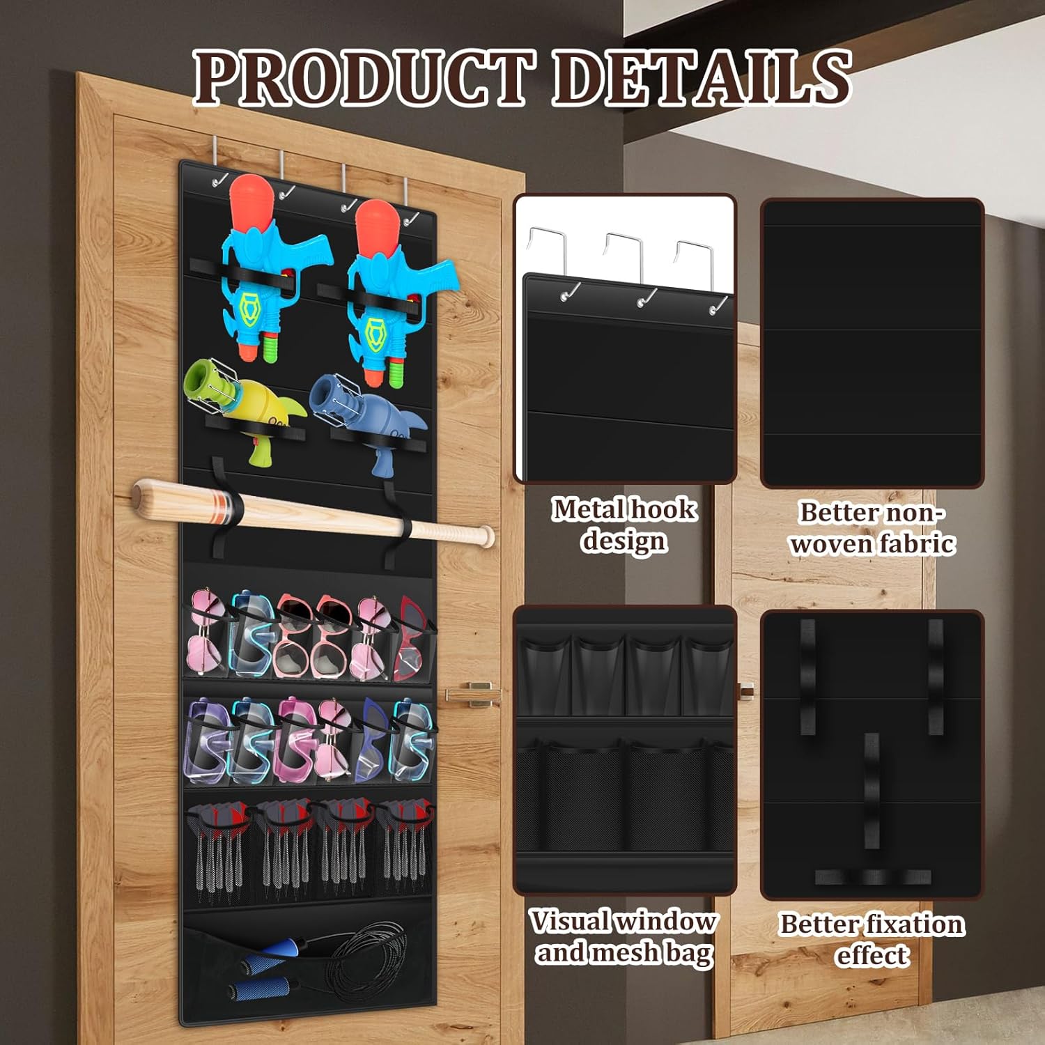 Over the Door Organizer for Toy Guns, Toy Organizers and Storage for Foam Blasters, Darts, Goggles, Behind the Door Storage for Kids Rooms, Game Room (2 Pcs)