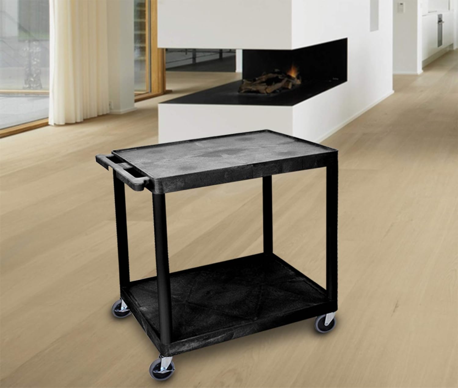 Small Black Polyethylene 2-Shelf Utility Cart with Swivel Wheels