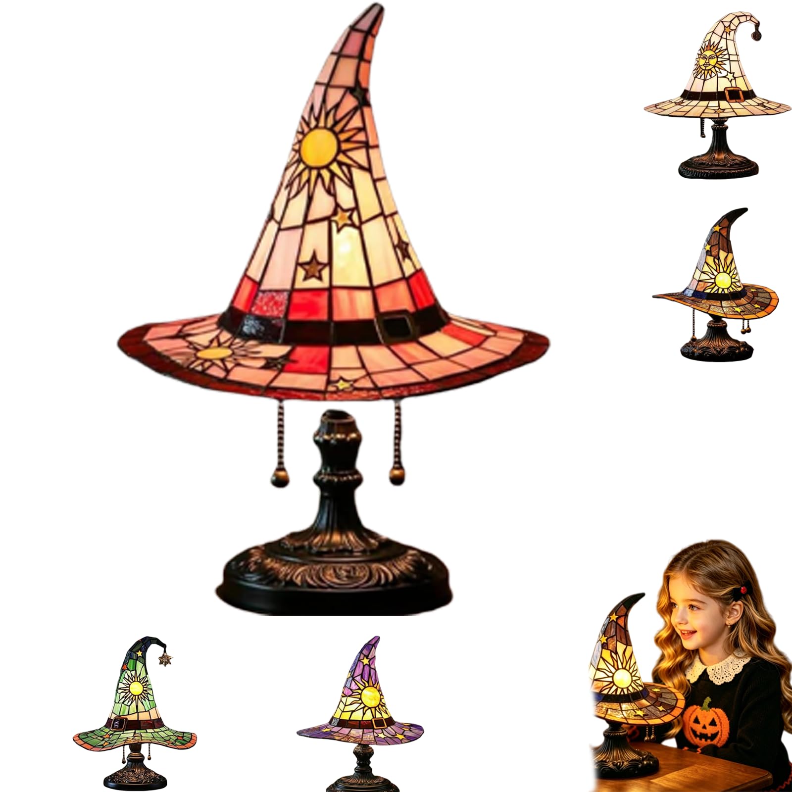 UIRPK Stained Glass Witch Hat Lamp,Handmade Witch Hat Lights, Handcrafted Retro Resin Witch Lamp, Halloween Home Decor Accent Lamps for Bedroom & Bookshelf (C-M)