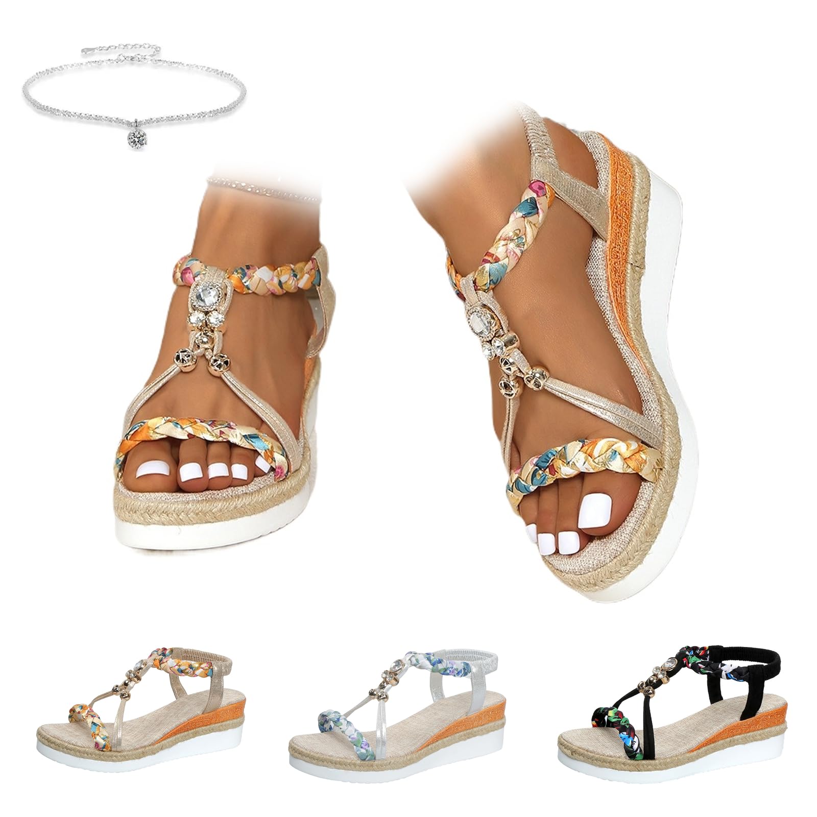 Sandalias de cuña bohemias para mujer, sandalias de plataforma informales de ancho ancho, ortopédicas, cómodas, para caminar, puntera abierta, sin cordones, correa al tobillo, zapatos elegantes de