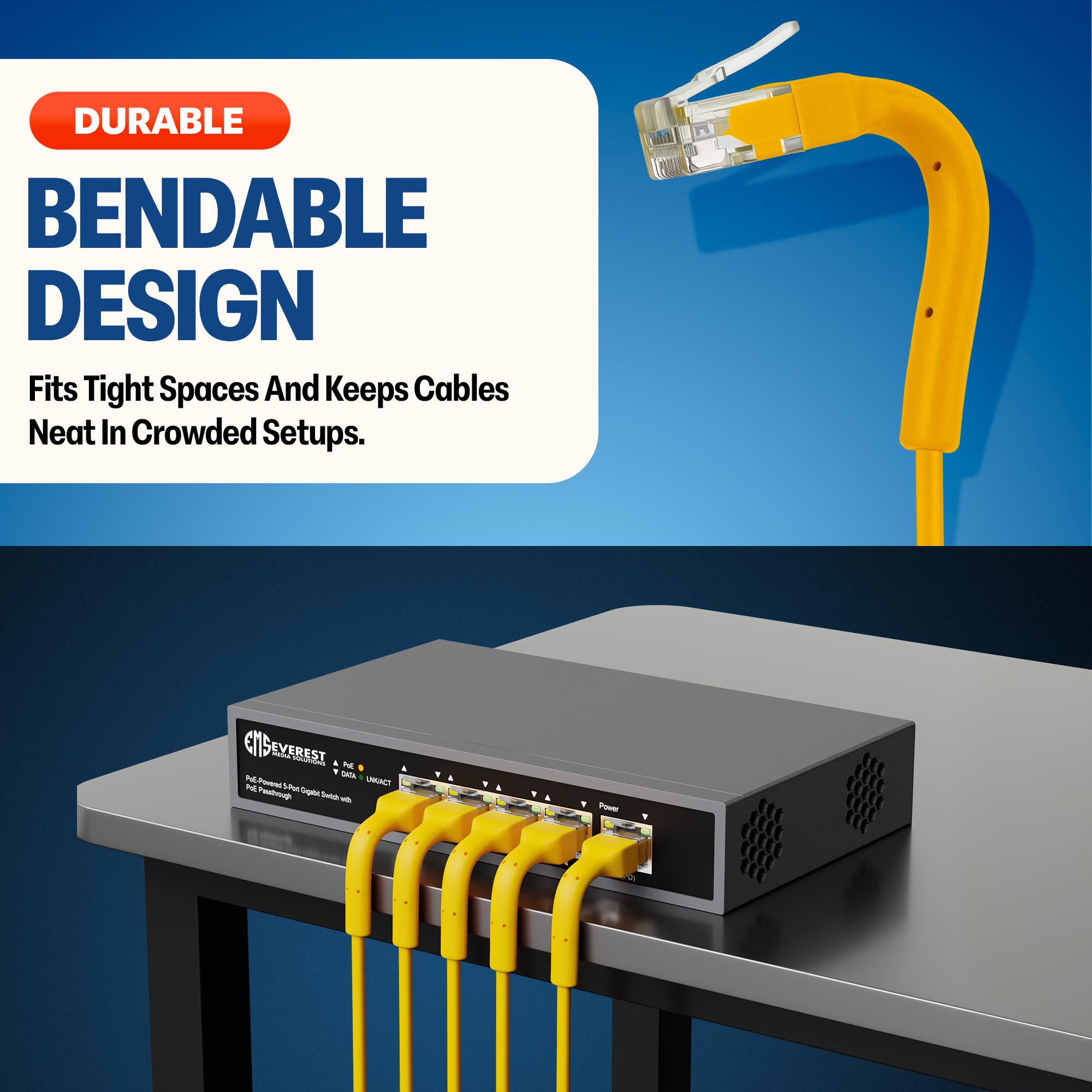 Everest - Cables de conexión Ethernet Cat6a ultra delgados de 1 pie (paquete de 10) amarillo | Flexible, delgado y flexible