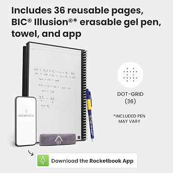 Rocketbook Core Reusable Spiral Notebook, Executive Size 15 cm x 22.4 cm, Grey - Dotted Pages, App-Connected, Erasable, Durable Cover, Ideal for School, Work, and Creative Projects