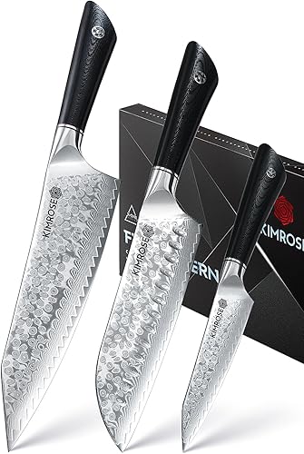 KIMROSE Juego de cuchillos de Damasco - 3 piezas - Acero de aleación de alto carbono 10Cr15CoMoV - Cuchillo de chef profesional - Mango G10 -