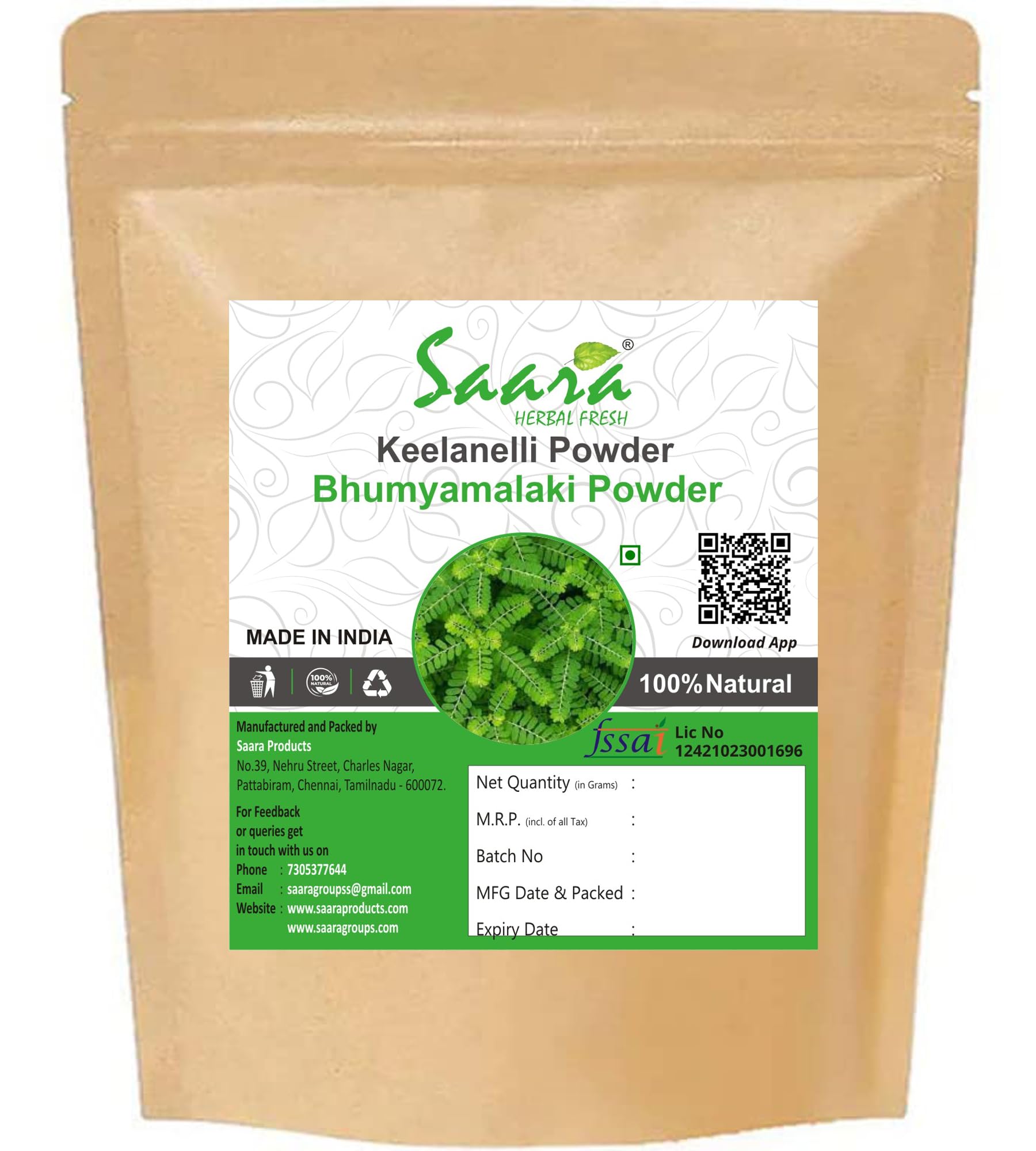 Saara HERBAL FRESH Keelanelli leaf Powder 100g, Bhumyamalaki Leaf Powder, Phyllanthus Niruri Powder, Nela usiri Powder (Pack of 1 x 100g) (B0D296BGVC) Amazon Price History, Amazon Price Tracker