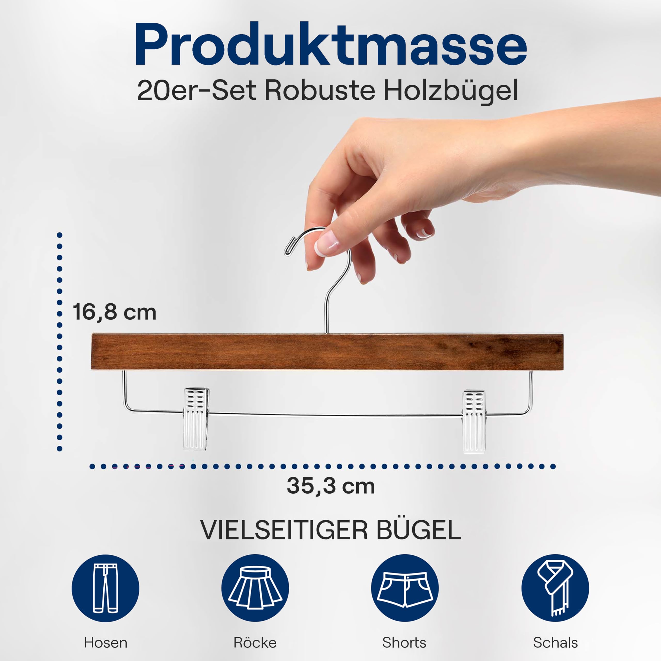 SereneLife Rockbügel, Kleiderbügel Holz, 20 Stück Kleiderbügel mit Klammern, Hosenbügel mit 360 ° Schwenkhaken & Verstellbare Clips 35.5cm, Kleiderbügel Platzsparend, Hangers Clothes, Retro Braun