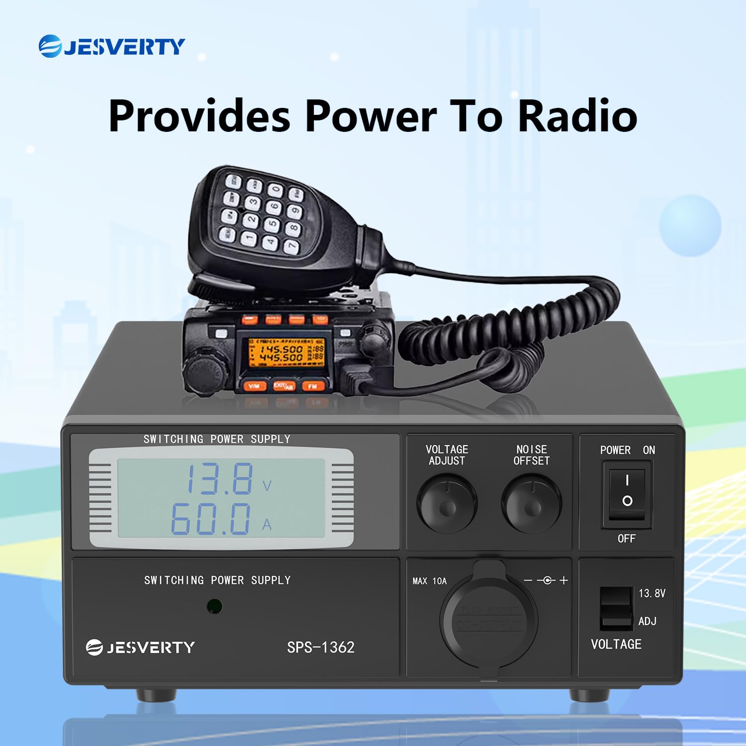Universal Compact Bench Power Supply- 60 Amp Regulated Home Lab Benchtop AC-to-DC Converter 13.8Volt/9-15Volt, Cooling Fan, Screw Type Terminals - Jesverty SPS-6005C
