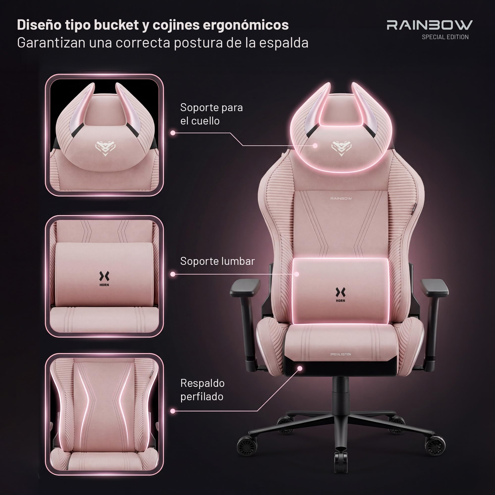 Diablo Silla Gaming Ergonomica de Tela Silla Gamer Reclinable para PC Oficina Setup Gaming con Reposabrazos 3D Soporte Lumbar Reposacabezas Profesional hasta 140 kg Rainbow Pink | Silla de juegos con almohada, función basculante, respaldo de 140°, tejido