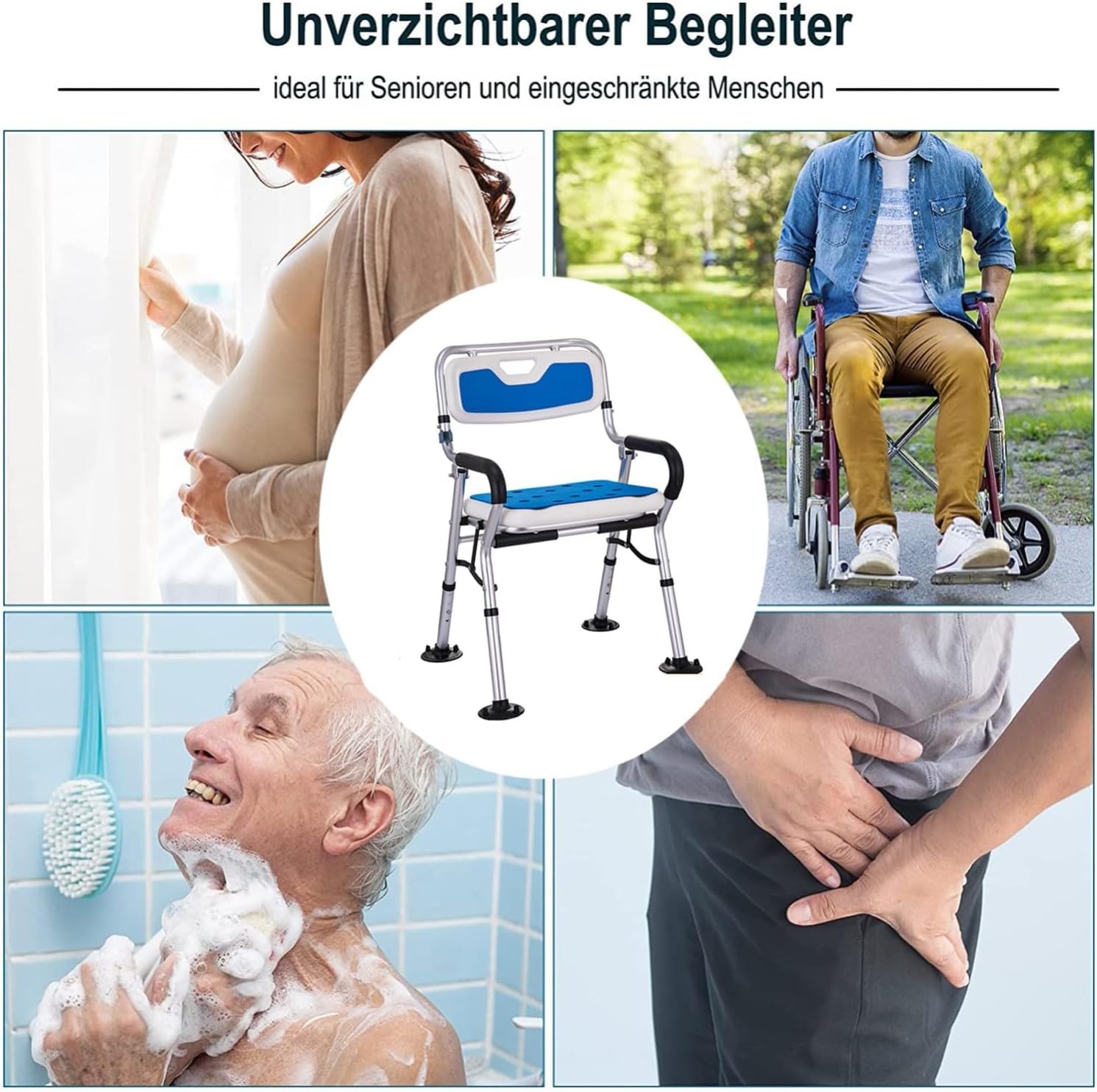Silla de Ducha Plegable con Respaldo y reposabrazos, Patas Ajustables for bañera, pies Antideslizantes, Asiento de Ducha Plegable for Personas Mayores, discapacitados, Personas Mayores(A)
