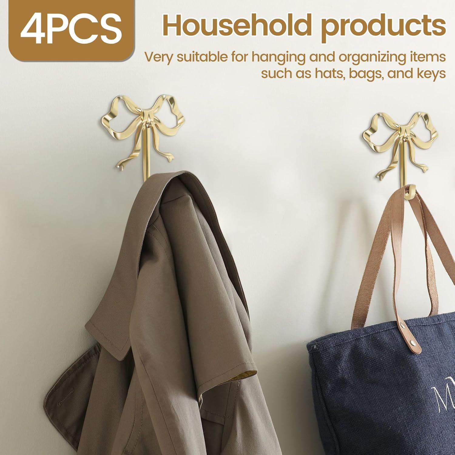 4Pcs Bow Hook Decorative Bow Hanger Sturdy Brass Towel Hook Multipurpose Bow Shaped Hat Hooks Brass Wall Hook Wall Hanging Towel Hook for Bathroom Bedroom Hat Bag Key US(Style 1)