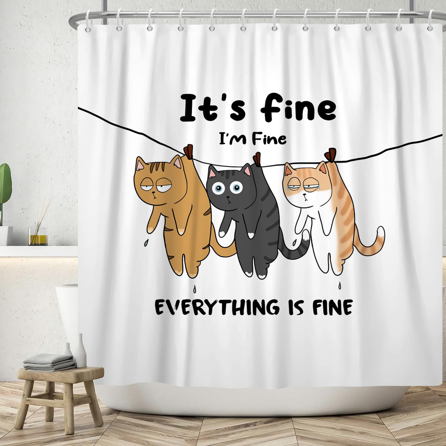ASDCXZ Divertida Cortina de Ducha 180x180 cm, Simplicidad Moderna Lindo Tres Gatos Divertidos Blancos Cortinas de Ducha Lavables baño Tela de Cortina Ducha Impermeable con 12 Ganchos