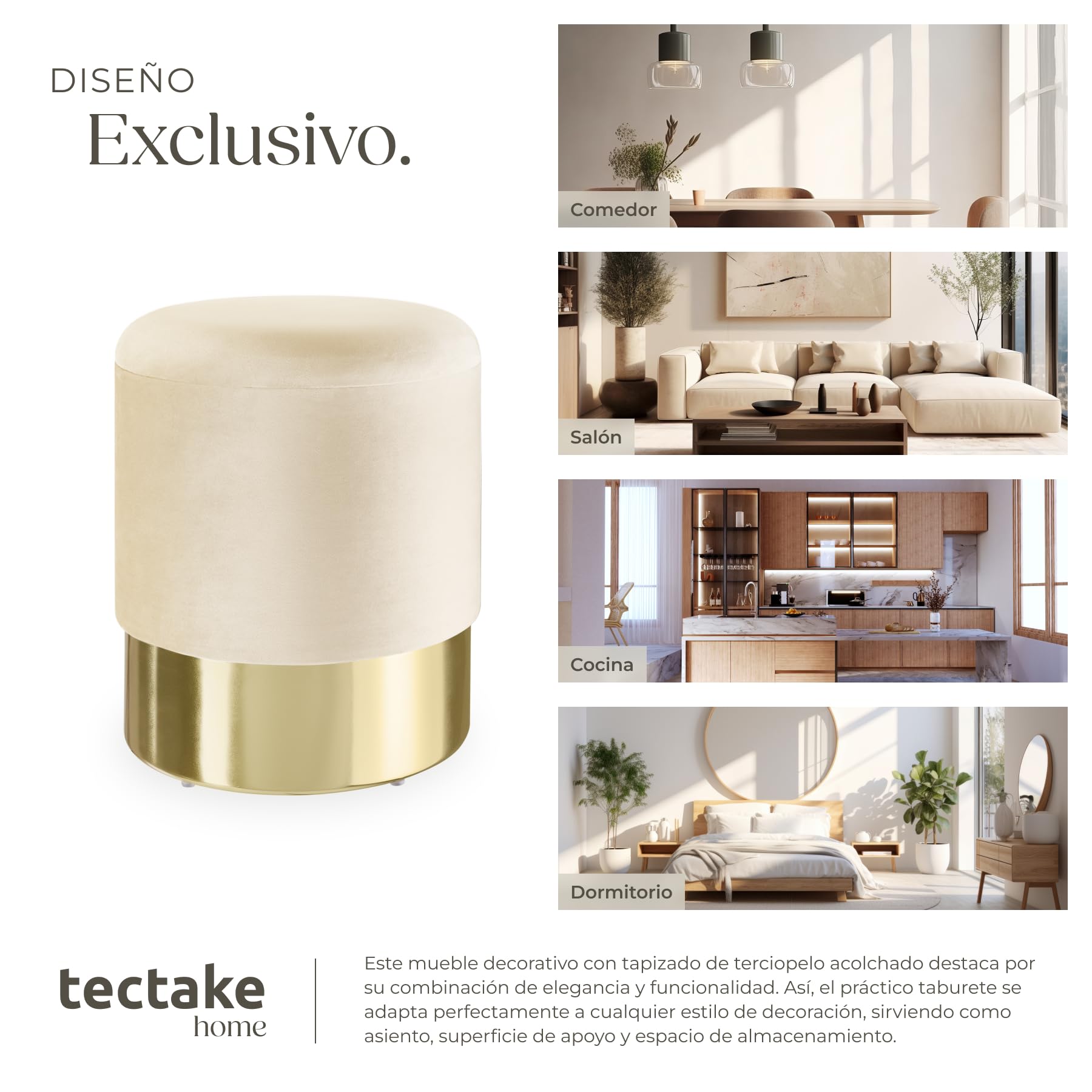 tectake® Taburete Tocador con Almacenaje para Dormitorio, Ideal Puff Almacenaje o Silla Tocador Maquillaje, un Mueble Auxiliar Dormitorio Práctico y Elegante - 36 x 36 x 44,5 cm Crema