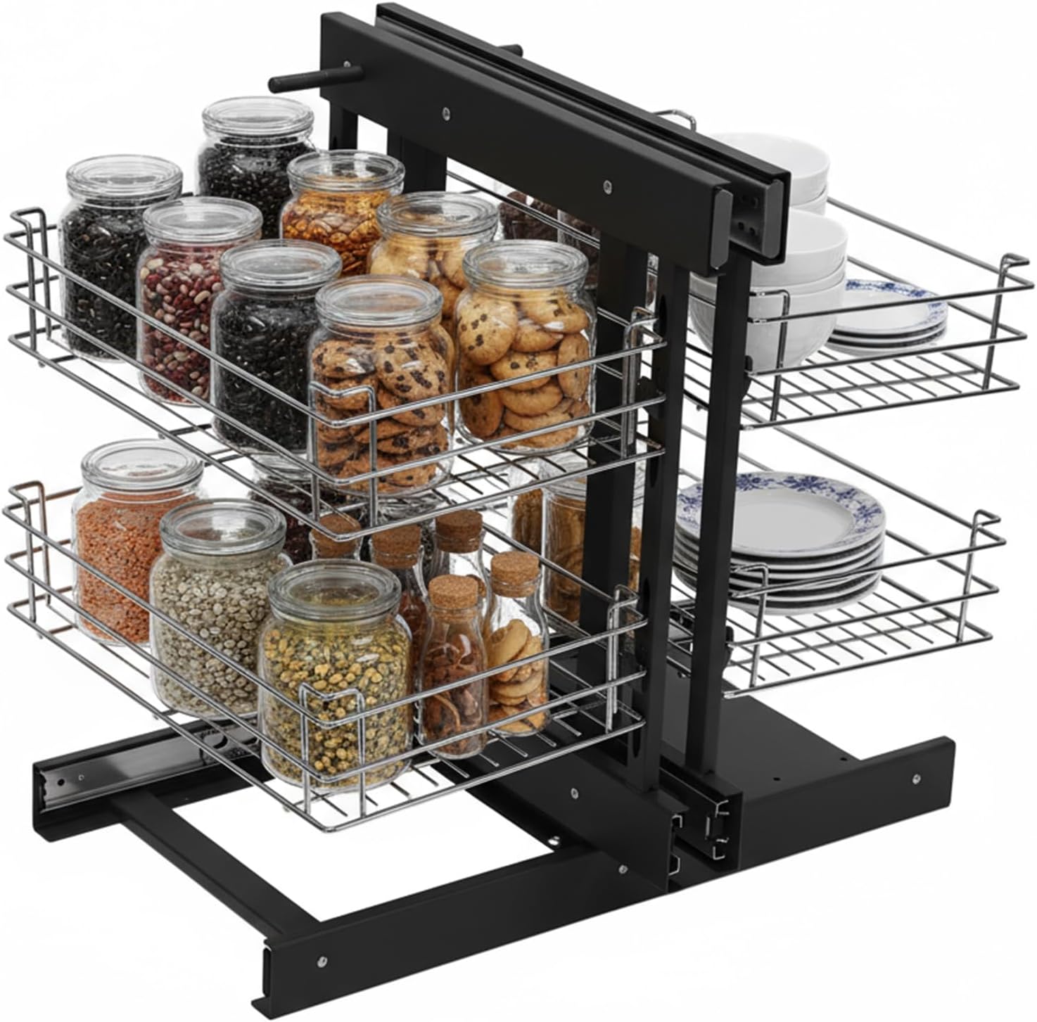 Pull-Out Blind Corner Organizer, 4-Shelf 2-Tier Storage Basket with Soft-Close, Compatible with Left/Right Opening Cabinets (15" Min Opening), Chrome Steel Kitchen and Bathroom Cabinet Organizer