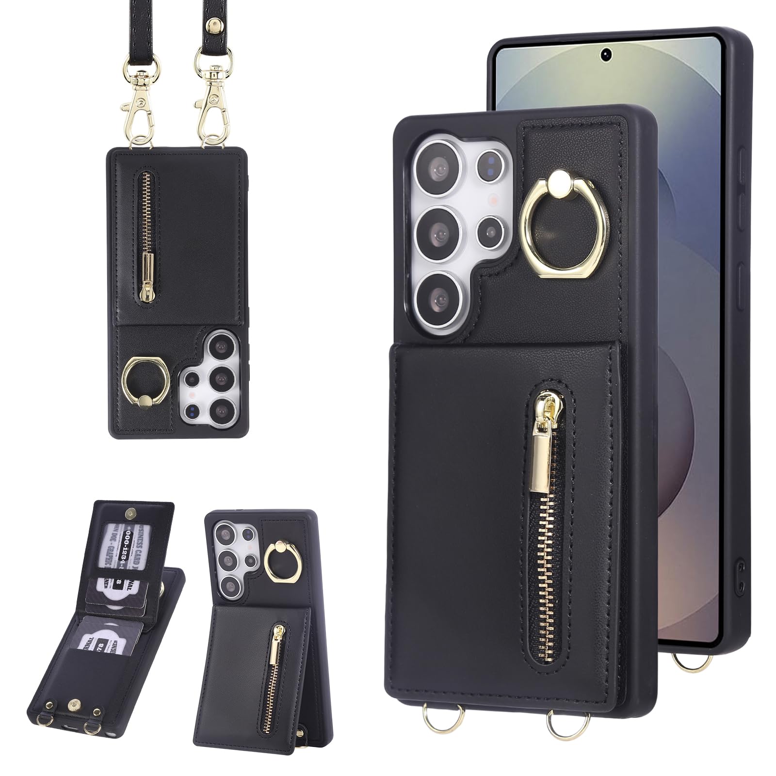 KYFSJPT Crossbody Wallet Case for Samsung Galaxy S25 Ultra, with Card Slots Zipper Pocket Case, Flip Folio Purse RFID Blocking with Ring Kickstand