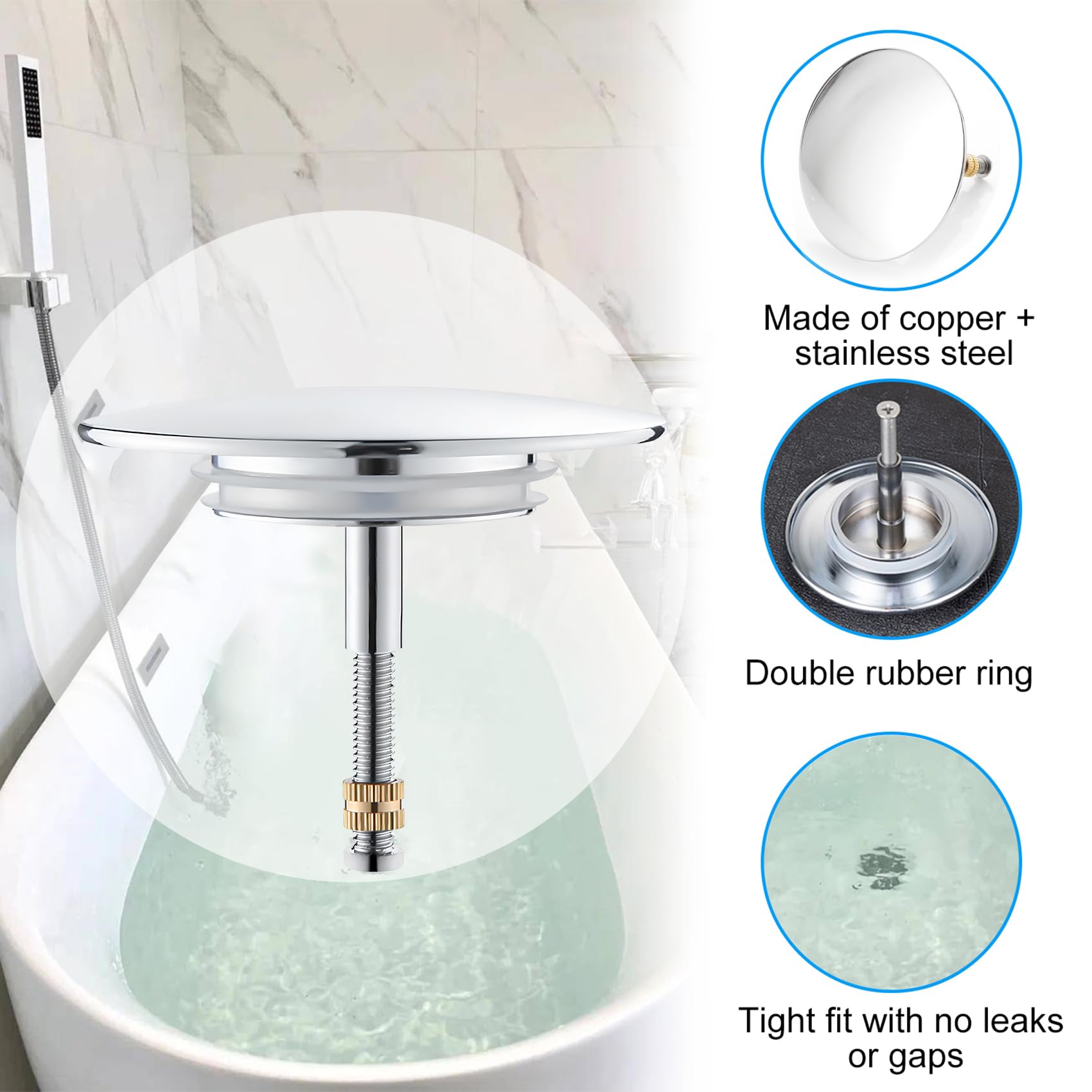 Bouchon De Baignoire Eupneicu Ø 72 Mm - Vis Réglable - Cuivre/Inox - Pour Toute Baignoire