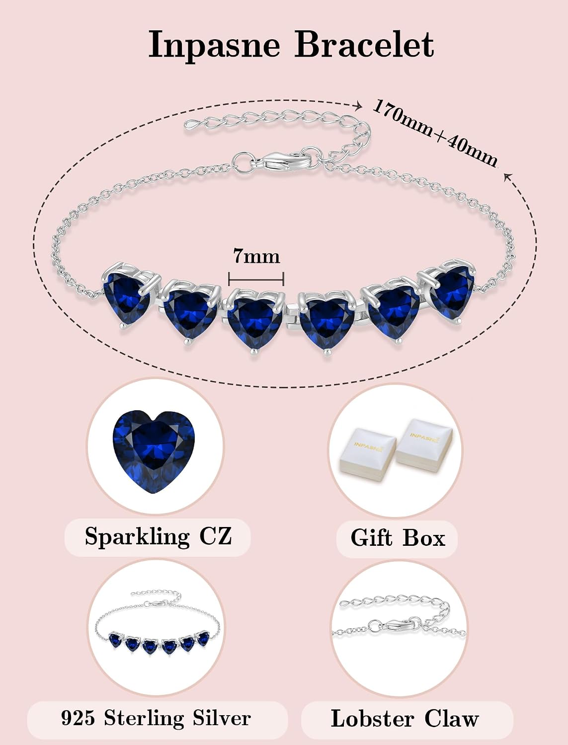 Sapphire Jewelry Set Silver Tone Heart Shaped September Birthstone Necklace Earrings Bracelet for Women