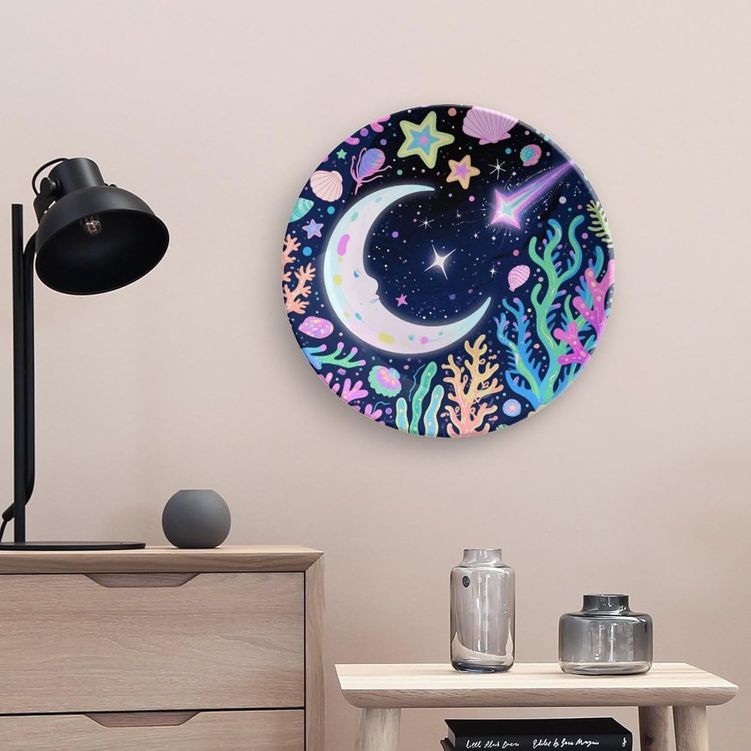 Star Ocean Pattern Ceramic Plate 10inch Decorative Bone China Wall Hanging Ornament Plates Bohemian Style Dinner Plate with Display Stand Cabinet Display Plates for Home Art Decor