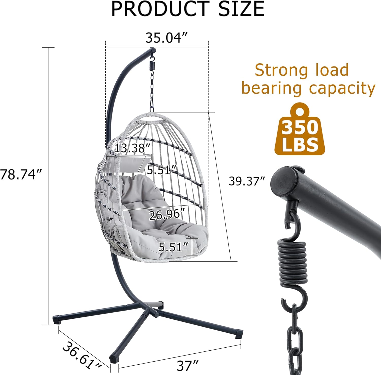 Hanging Egg Chair with Stand, PE Wicker Rattan Swing Chair with Cushion and Headrest, Foldable Hammock Chair for Indoor Outdoor Patio, Bedroom, Garden, 350lbs Capacity (Gray)