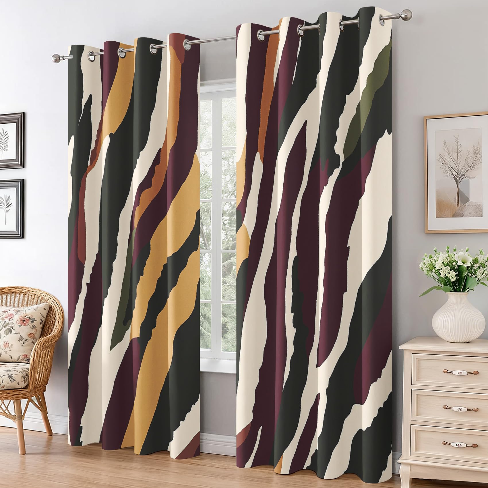 Générique Rideau Occultant Rayures Abstrait Salon, Rideaux Thermiques à Oeillets, Motif Rayures de Zèbre Moderne Decoration Chambre Fenetre, Lot de 2 Draperies Intérieurs 140x200 cm (L x H) L-C&53
