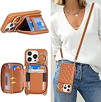 Vista 15 de Funda tipo cartera con bandolera para iPhone 15 Pro Max, funda de piel sintética con cierre de cremallera, funda tipo atril con ranuras para Oro Rosa