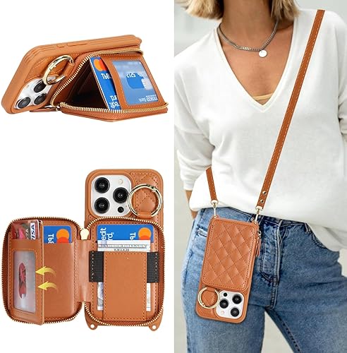 Miniatura 15 de Funda tipo cartera con bandolera para iPhone 15 Pro Max, funda de piel sintética con cierre de cremallera, funda tipo atril con ranuras para Oro