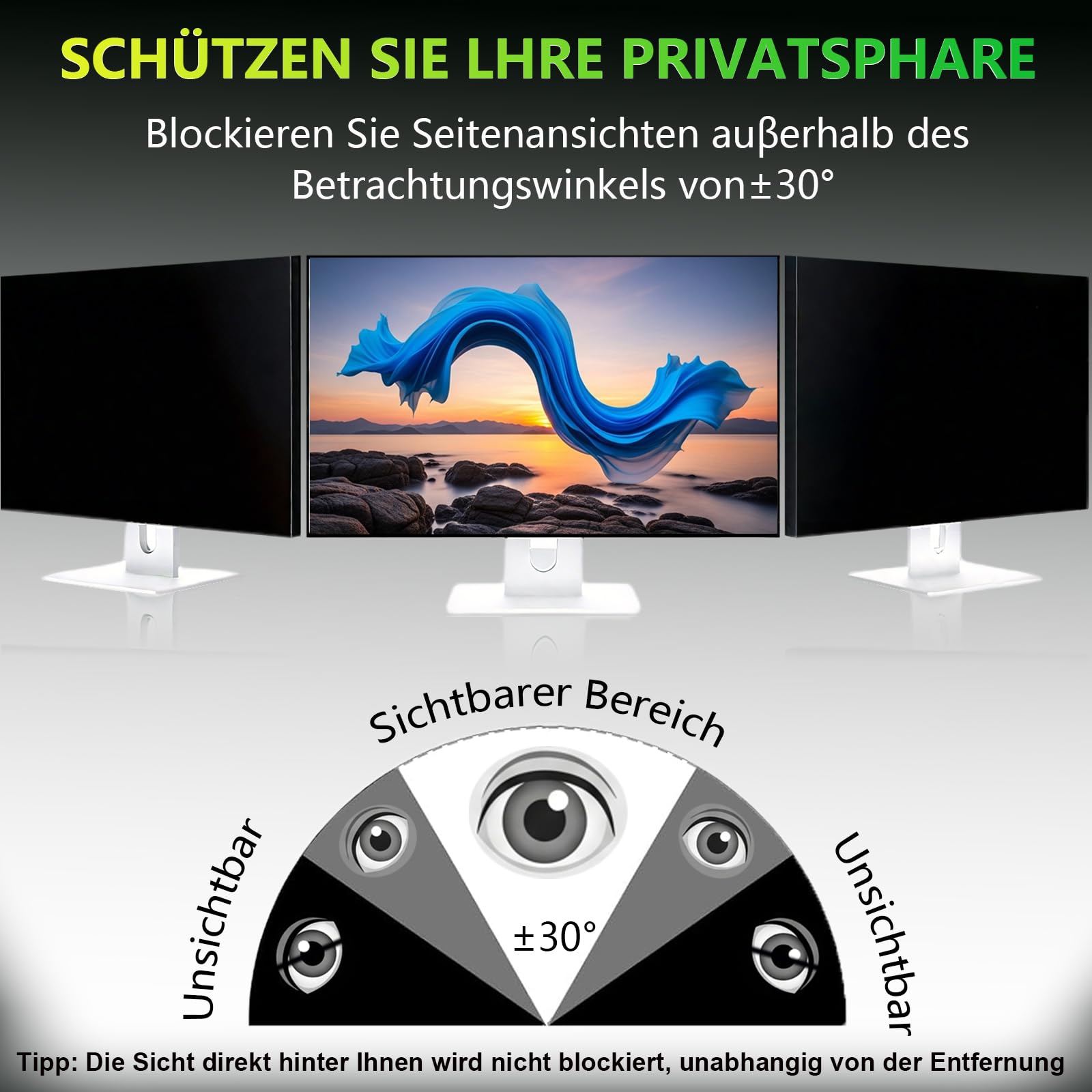 Sichtschutzfolie für 24 Zoll 16:9 (53.2x29.9cm) Monitor - Blaulichtfilter & Blendschutz, Abnehmbar Blickschutzfolie | PC Blickschutzfilter für Büro