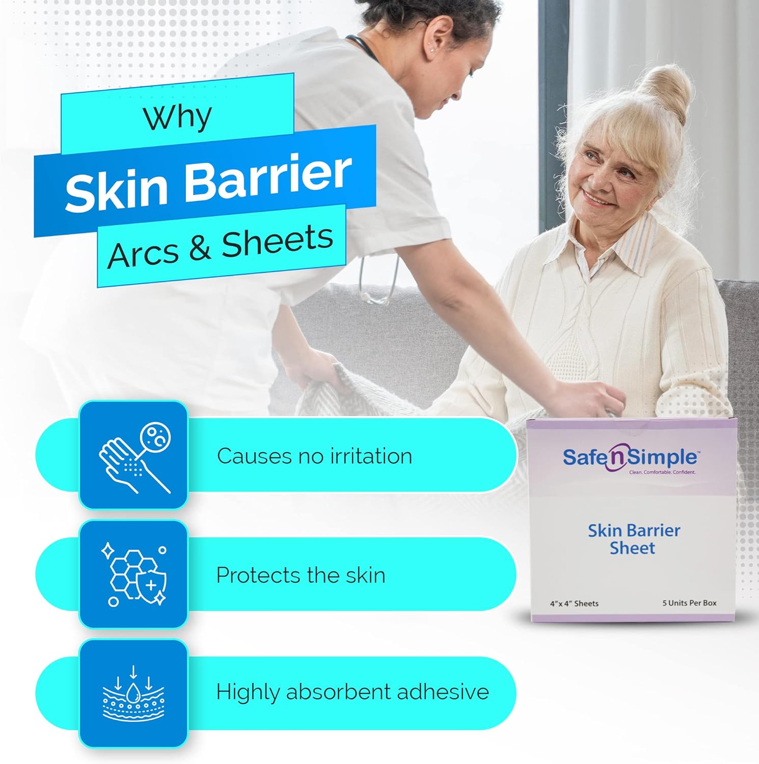 Safe n' Simple Skin Barrier Sheets With Aloe and Zinc Oxide - 4" x 4" Individually Wrapped Packets - Protective Stoma Barrier - Hydrocolloid Ostomy Protective Sheets