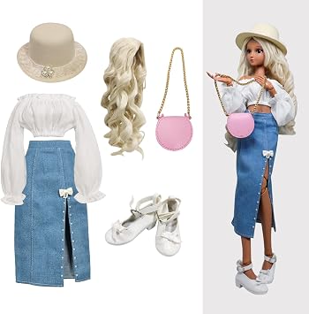 1/3 BJD Doll Clothes Outfit Set - Handcrafted Stylish Denim Skirt, Hat, Blouse, Wig, Leather Bag & Shoes, Compatible with 1/3 60cm 24in SD Dolls