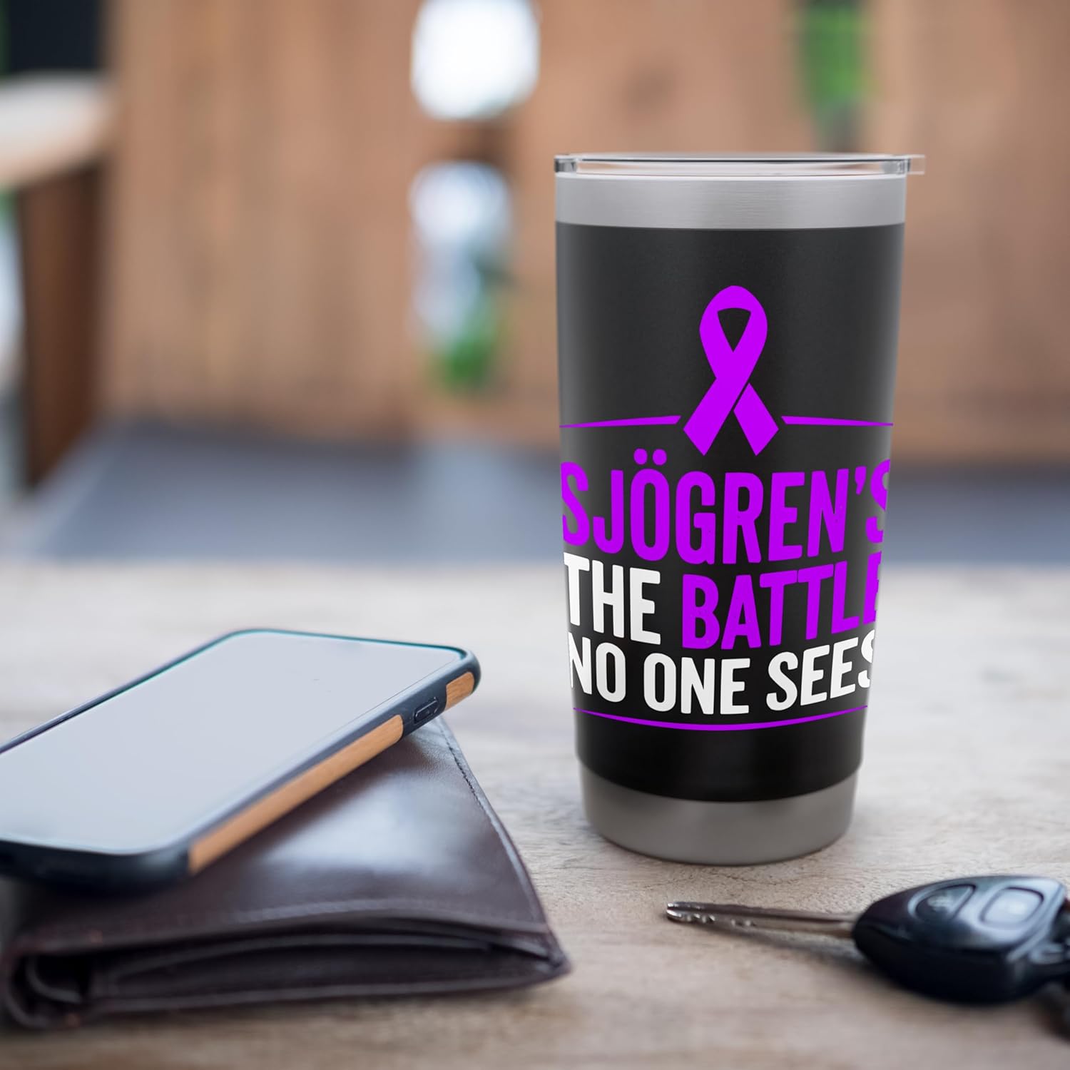 Sjogren’s Syndrome Awareness Chronic Disease Purple Ribbon Stainless Steel Insulated Tumbler - Image 7