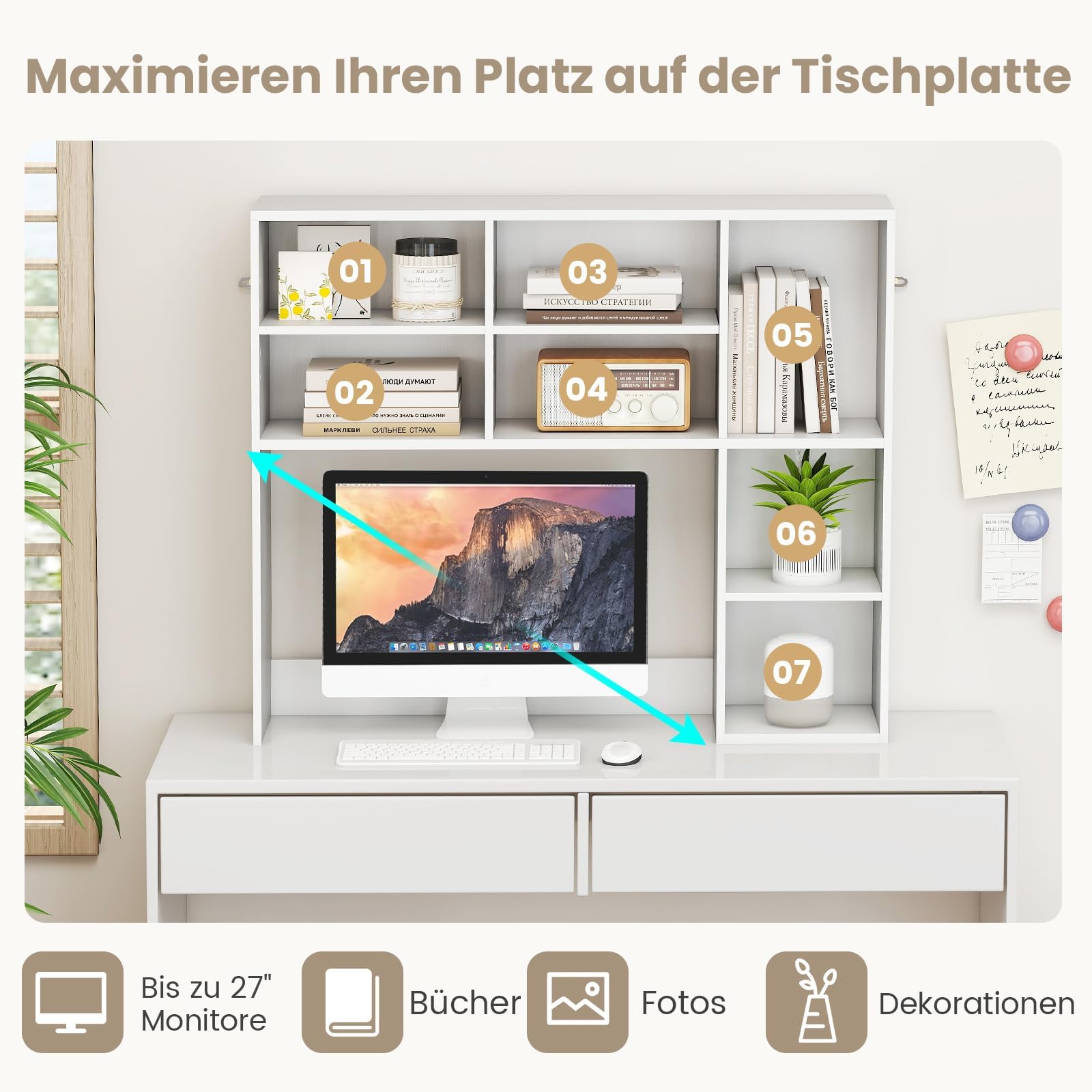 FANTASK Tischregal mit 7 Fächern, Bücherregal, Schreibtisch Aufsatzregal für Monitore bis zu 27", Aufbewahrungsorganizer, Schreibtischregal für Arbeitsplatte, 94 x 25 x 79 cm (Weiß)