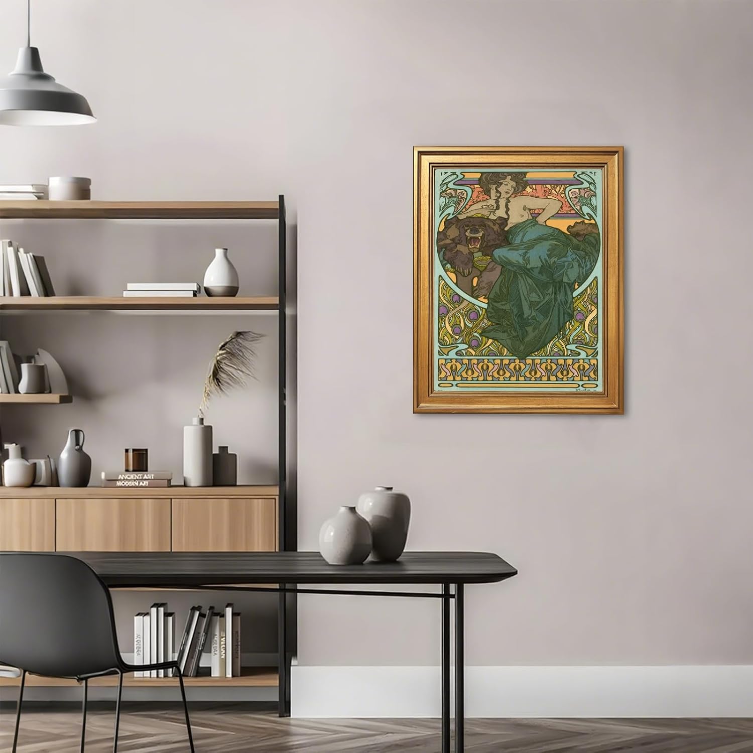Licpach Large Framed Wall Art Untitled (1902) by Alphonse Mucha Reproduction Poster Canvas Print Vintage Art Nouveau Painting Pictures Wall Decor for Living Room Bedroom Office 24x36inch Golden Frame