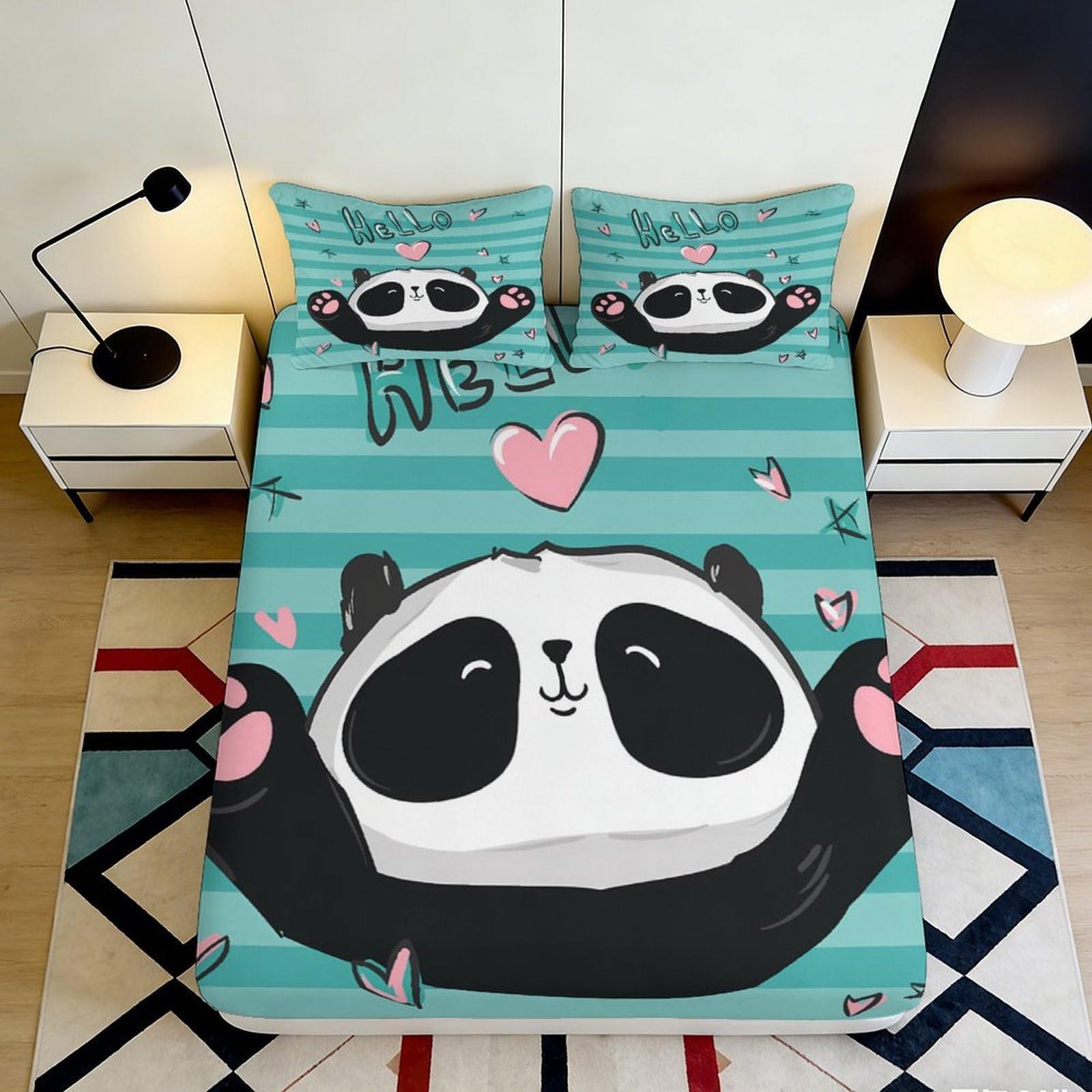 3D Printed Cute Panda Fitted Sheet Microfiber Soft Breathable Striped Heart Bed Cover for Bedroom Dorm Dormitory Guest Room Mattress Protection 90x200x25cm