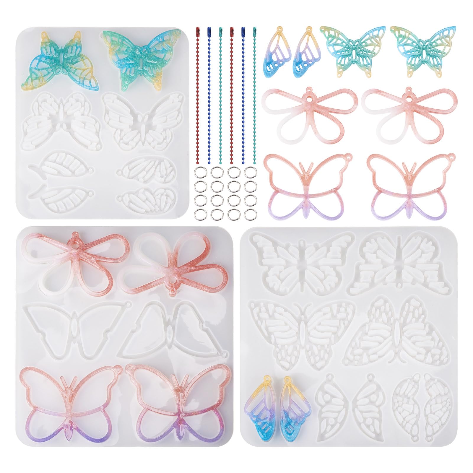 PandaHall 3pcs Butterfly Pendant Silicone Molds Fairy Wings Casting Resin Molds with Open Jump Rings Ball Chains for Epoxy Crafts Jewelry Making