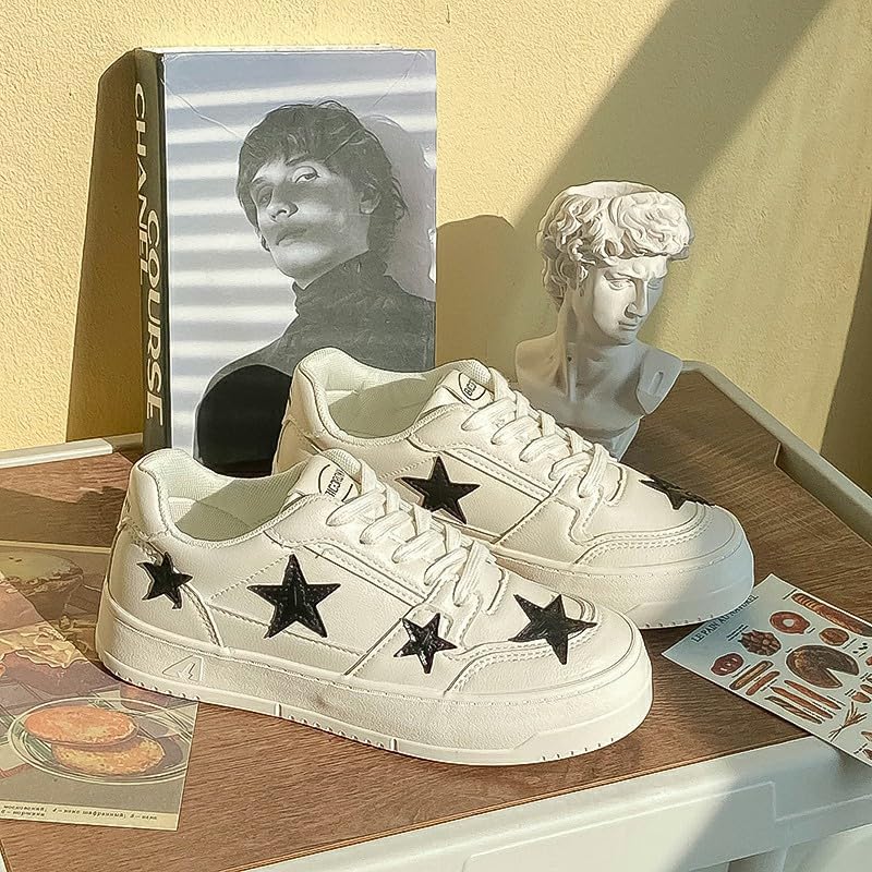 Star Shoes Women's Sneakers White Matte Leather Black Star Accents Non-Slip Rubber Sole Platform US5.5-8