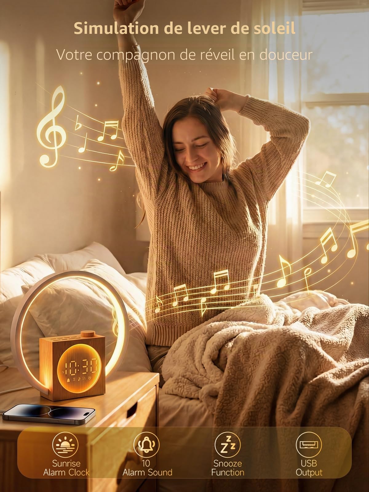 Reveil Simulateur d'aube, Veilleuse Tactile avec Charge USB, Déco | Éveil Lumière avec 12 Couleurs, 30 Sons Naturels, Affichage Variable, Veilleuse Enfant, Snooze, Sleep Timer, Idée Cadeau